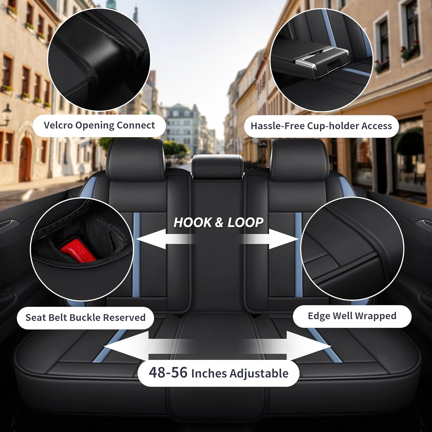 otoez Car Seat Covers Full Set, 5 Seats Nappa Leather Seat Covers for Car with Lumbar Support and Side Wings, Breathable Automotive Front and Back Seat Protectors for Sedan SUV Truck Van, Black & Blue