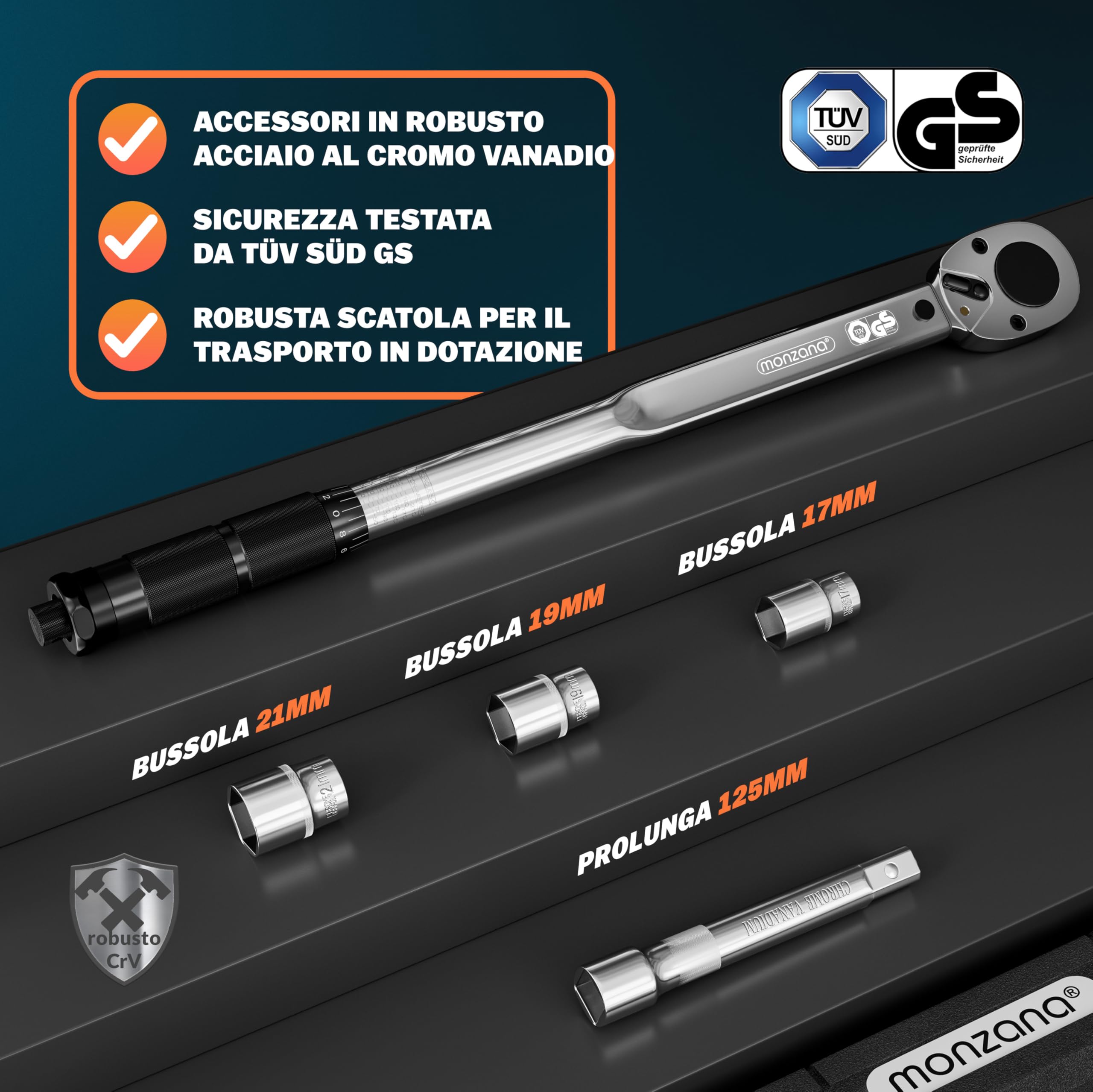 Monzana® Set di Chiavi Dinamometriche 6 pz. 40-210Nm 1/2 ' CV Incl. 3 Bussole Prolunga Valigetta Chiave Officina