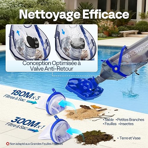 VIVOHOME 70LPM Aspirateur de Piscine sans Fil avec Batterie, Nettoyeur de Piscine Portable avec 4 Sacs Filtrants, Perche Télescopique, Aspiration 278cm pour Piscine Hors-Sol et Enterrée, Spa - 5