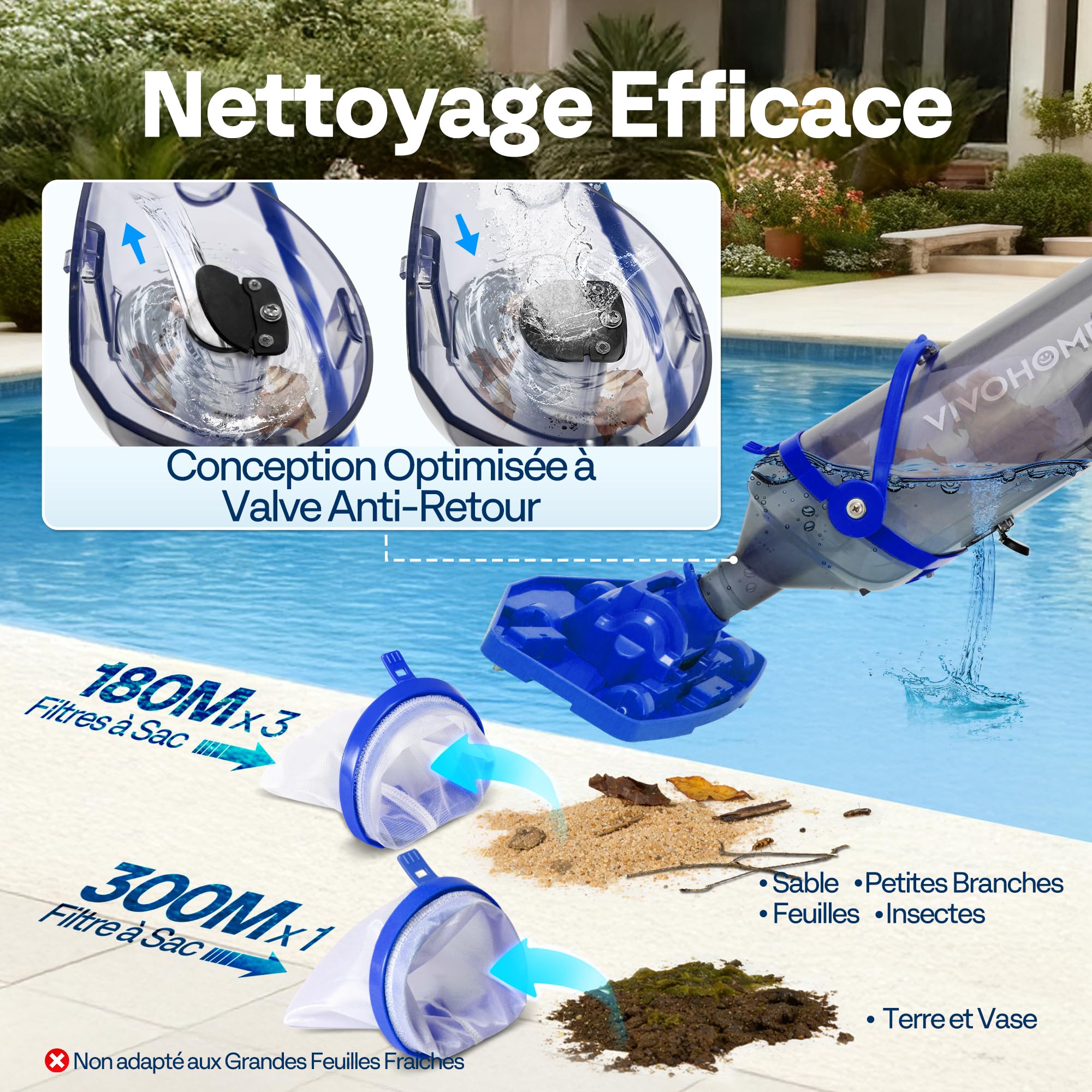 VIVOHOME Aspirateur de Piscine sans Fil 4200LPH avec Perche Télescopique 213cm, Nettoyeur de Piscine Portable avec 4 Sacs Filtrants, Autonomie jusqu'à 60 Minutes, pour Piscines et Spas