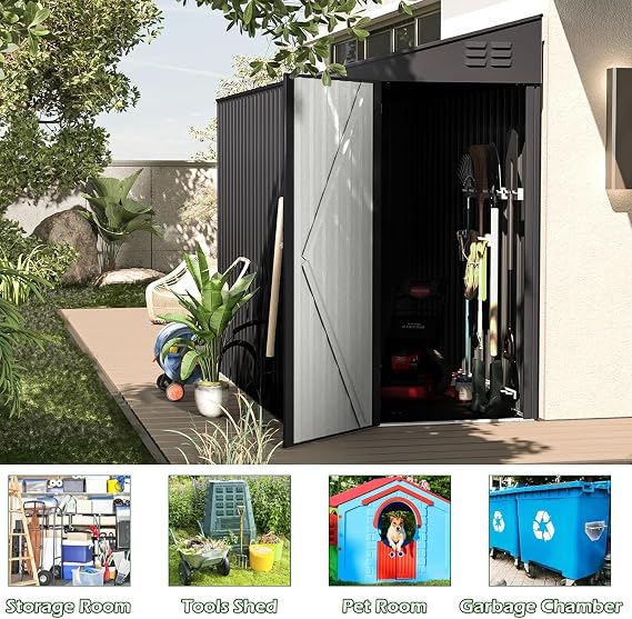 U-MAX 4x7 FT Metal Lean to Storage Shed - Galvanized Steel Garden Storage with Lockable Door, Waterproof for Tools, Lawn Mowers, Bikes - Charcoal Grey