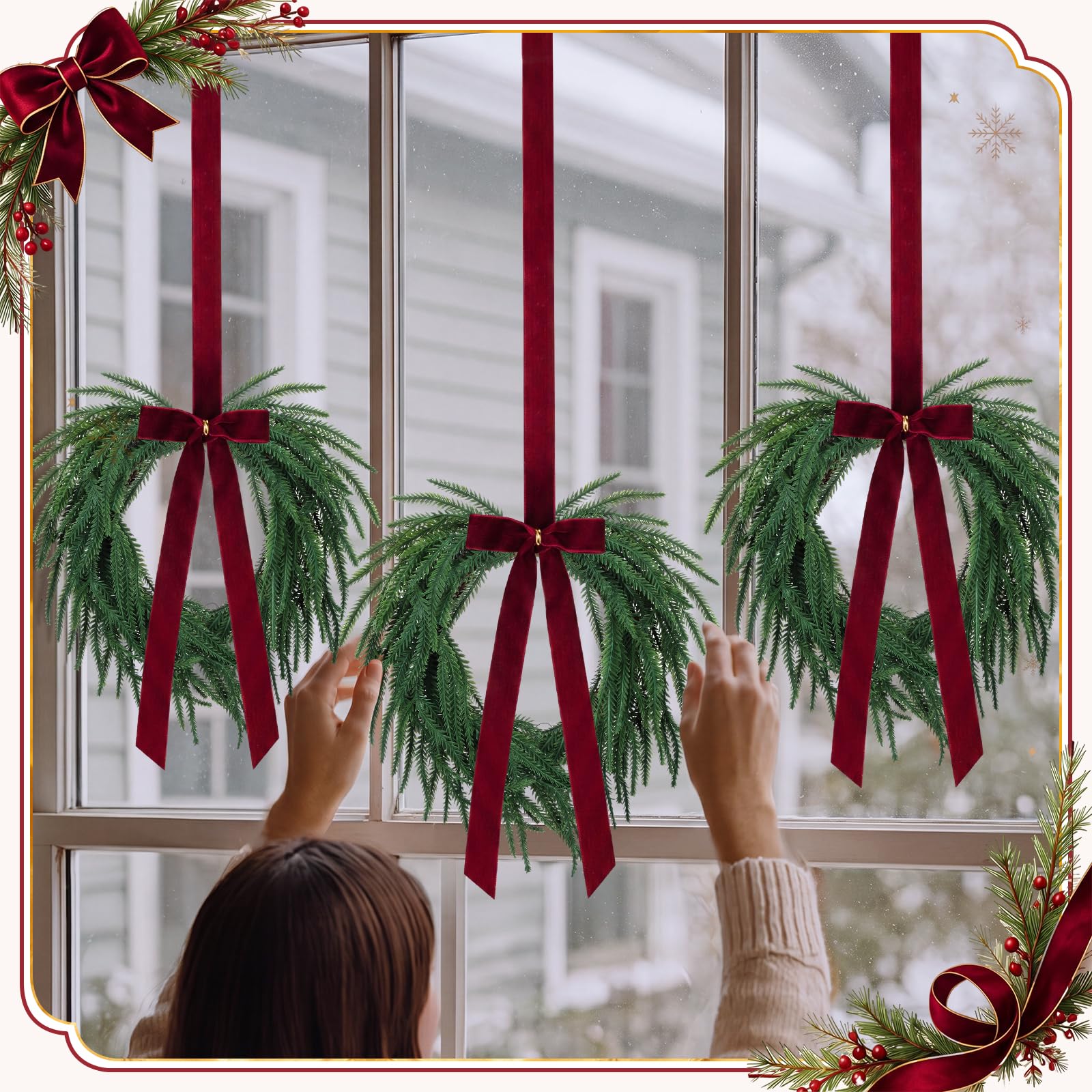 Dingion Lot de 4 petites couronnes de Noël en pin Norfolk avec baies rouges | Pommes de pin, décoration de vacances à suspendre pour armoires de cuisine, fenêtres, mur, décoration d'arbre de Noël