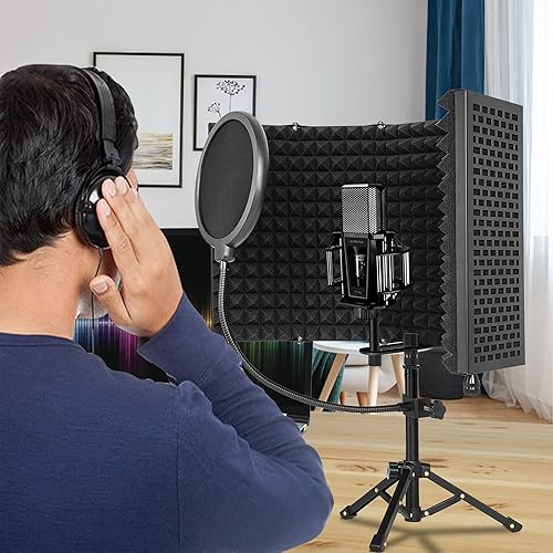 Miniatura 7 de ITHWIU Escudo de aislamiento de micrófono con soporte de trípode, panel curvado, escudo de sonido plegable con triple aislamiento acústico,
