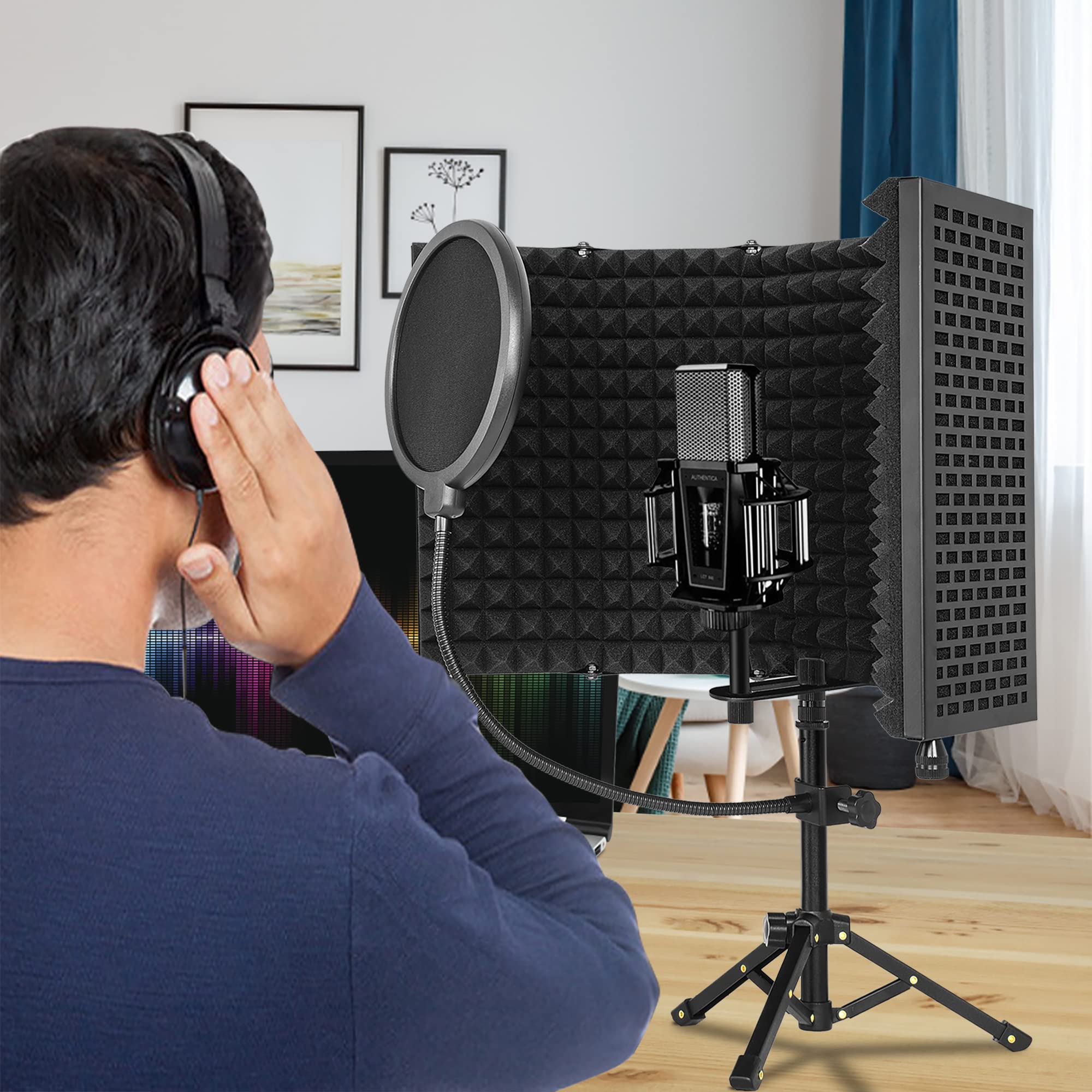 Bouclier d'isolation pour microphone avec trépied et panneau incurvé