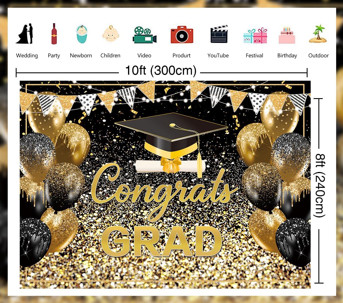 2026 Graduation Backdrop Black Gold Congrats Grad Bachelor Cap Balloon Prom Send Off Photography Background School Celebration Class of 2026 Party Decor Banner Photo Props (Black Gold, 10x8FT)