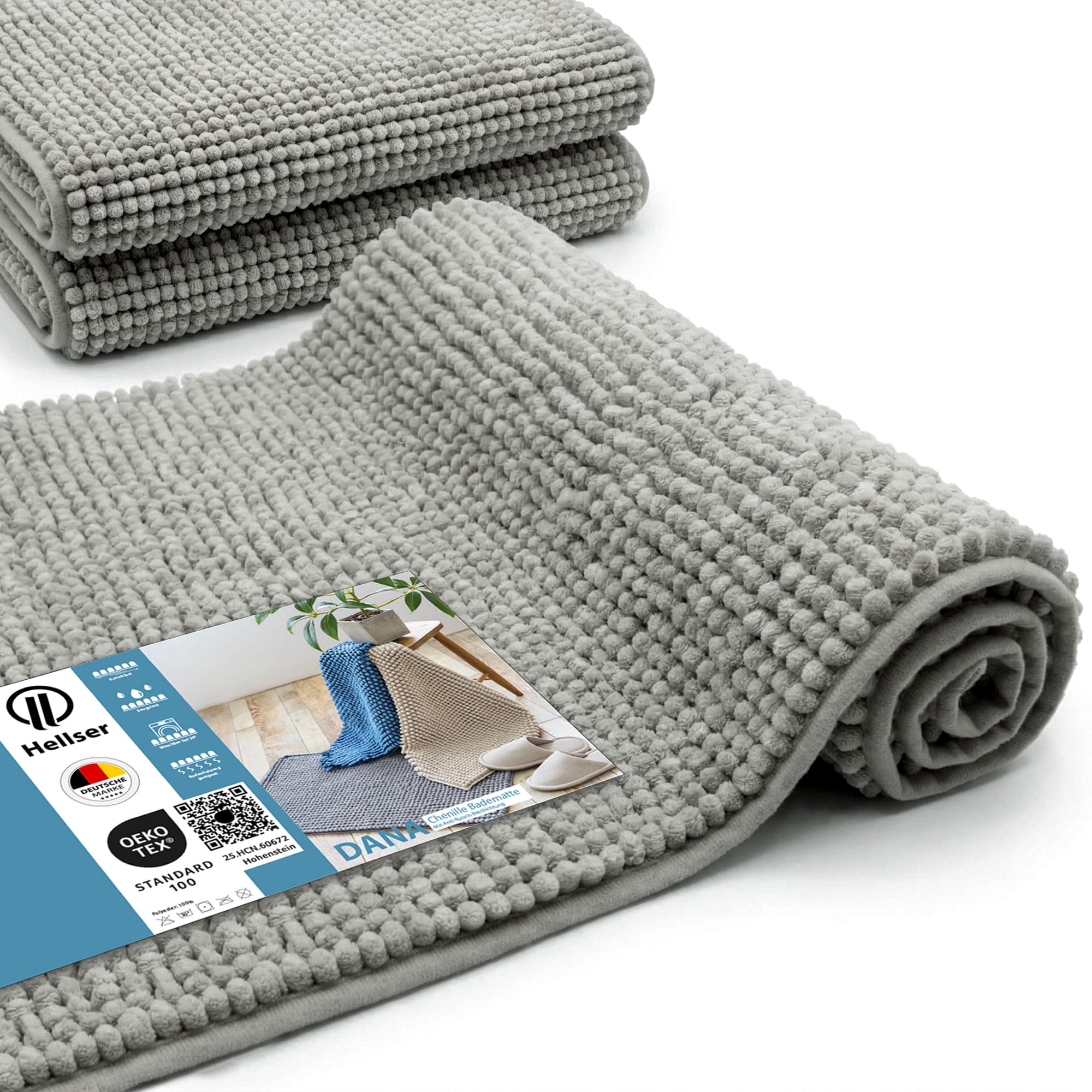 HELLSER Badezimmerteppich Dana | rutschfest & Waschbar | Weiche Chenille Badematte Kurzflor | Saugfähig & Schnelltrocknend | Oeko-TEX für Fußbodenheizung | Grau | 60x120 cm