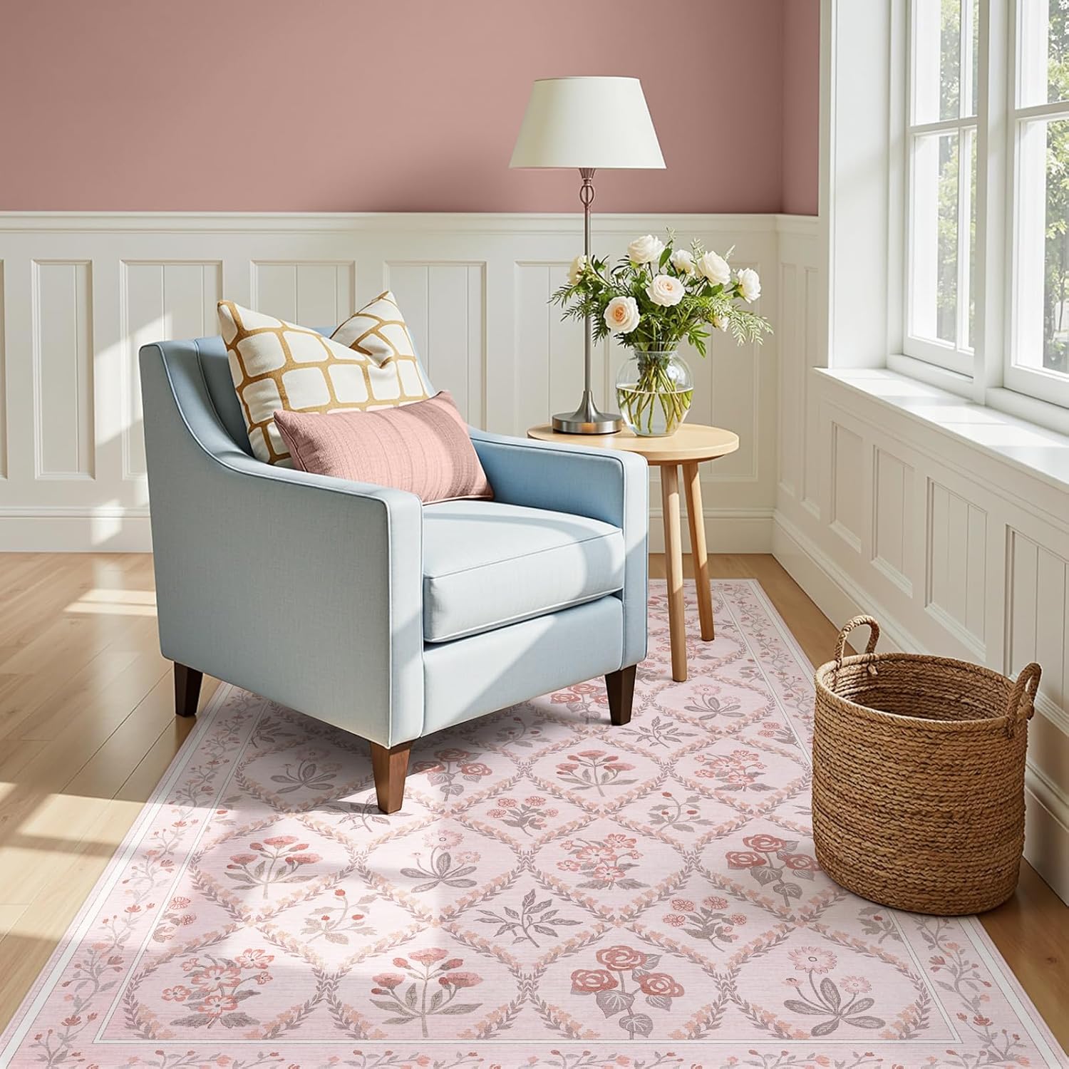 3x5 Nursery Rug, Boho Pink Floral Area Rugs Machine Washable, Soft Ultra-Thin Low-Pile Carpet Non Slip for Girls Room Bedroom Entryway Kids Room Playroom Living Room, Pink Multi