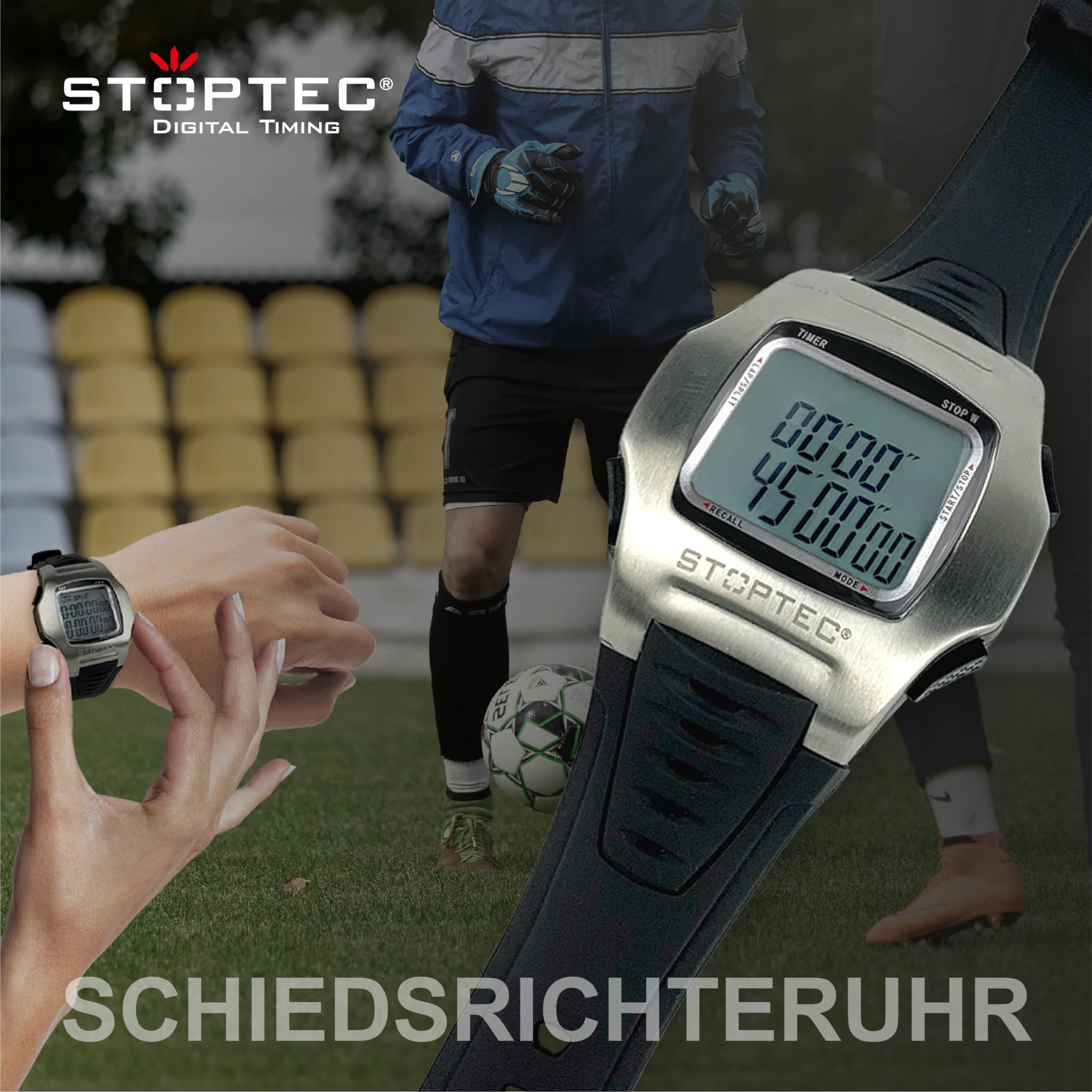 Stoptec Schiedsrichteruhr RW-100 | Referee Watch | 1-99 Minuten Spielzeit | Spielzeit-Unterbrechung | Uhr Modus & Alarm | Stoppfunktion | 10 Memory