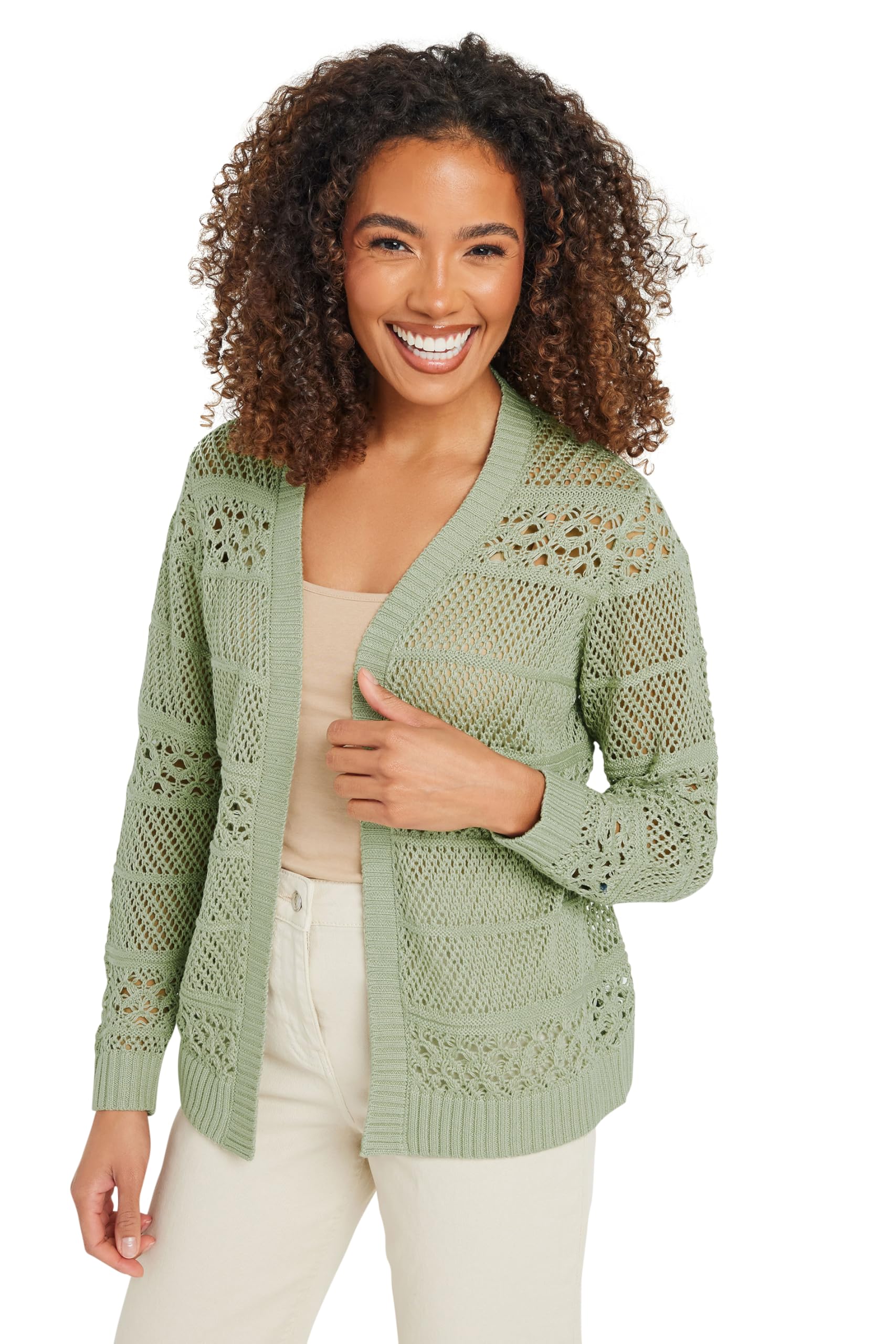 M&Co Light Green Cotton Open Front Crochet Cardigan - Womens Long Sleeve