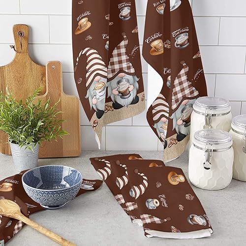 Miniatura 3 de Paquete de 2 toallas de cocina y paños de cocina, diseño de gnomos marrones para café, 18 x 28 pulgadas, toallas de mano absorbentes de secado