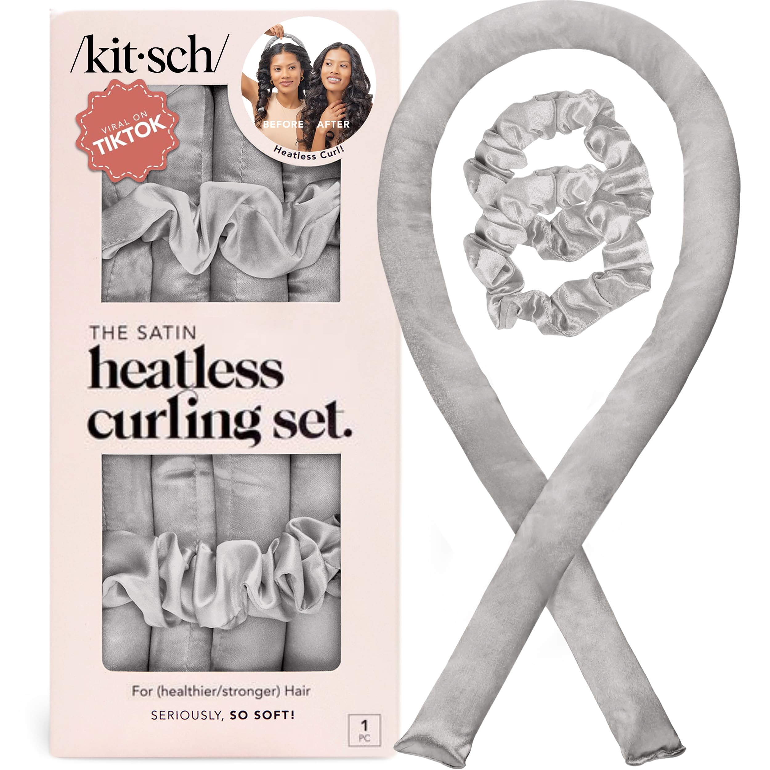 Kitsch Satin Heatless Curling Set - Hair Rollers for Heatless Curls | Heatless Hair Curlers & Hot Rollers | Hair Curlers to Sleep in | Heatless Curling Rod Headband | Heatless Curler (Silver)