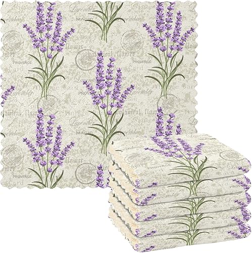 Floral Lavenders 6 Pack Absorbent Microfiber Dish Towels for Kitchen Decor Quality Car Cleaning Cloth Reusable for Bathroom Sink