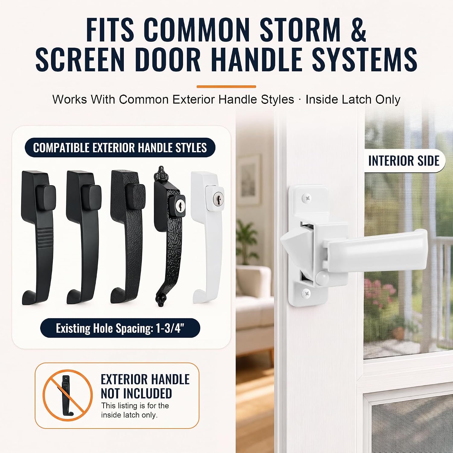 Replacement Screen Door Latch for Non-Spring Loaded Strike,White | Heavy Duty Inside Door Handle Compatible with Storm Doors Handle, Interior Latch for Screen and Storm Doors
