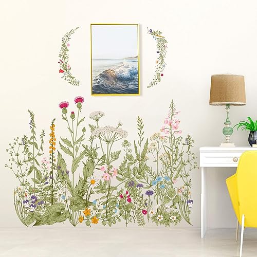 Miniatura 6 de RW-102 Calcomanías de pared de flores verdes para jardín, flores y vides, calcomanías de esquina 3D DIY corona extraíble guirnalda decoración