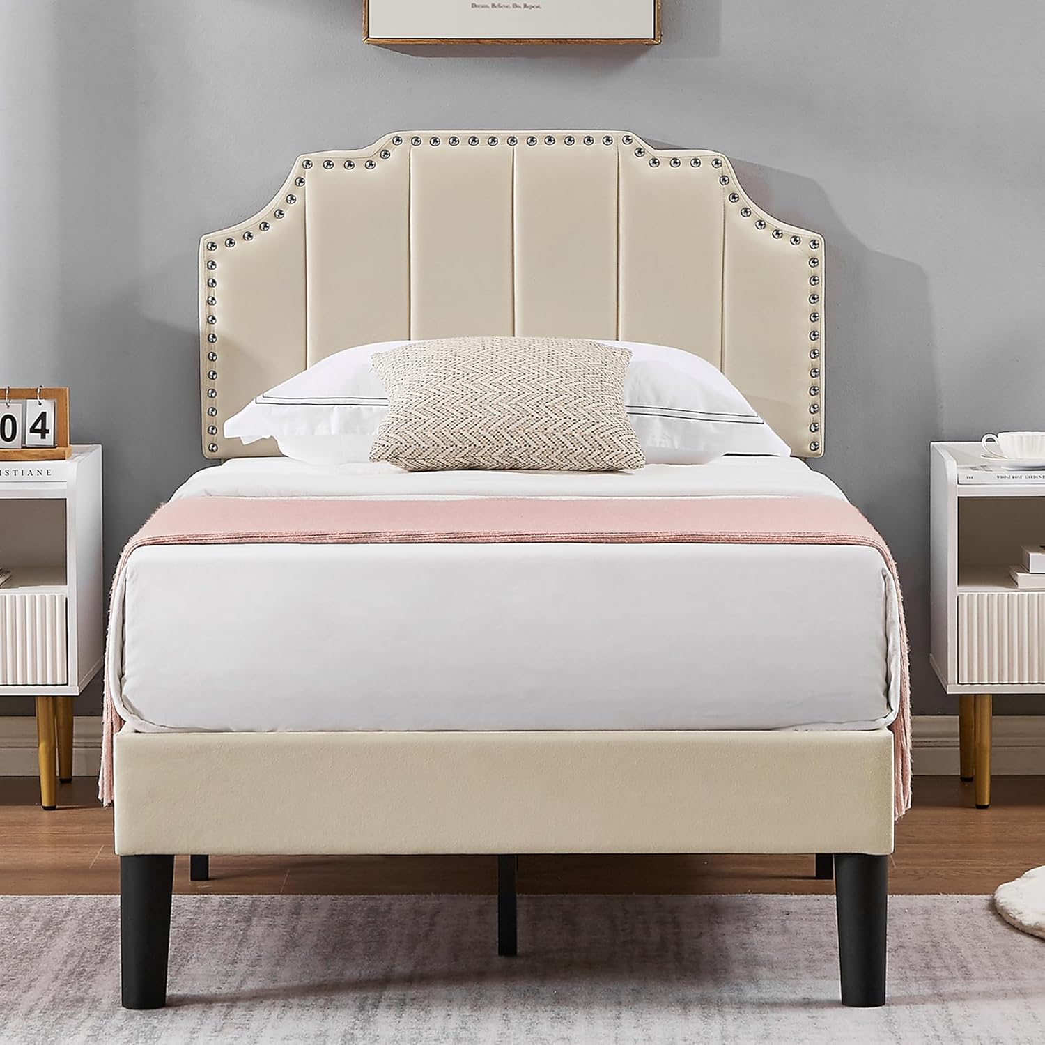 A fully assembled VECELO Twin Upholstered Platform Bed Frame with a mattress and bedding.