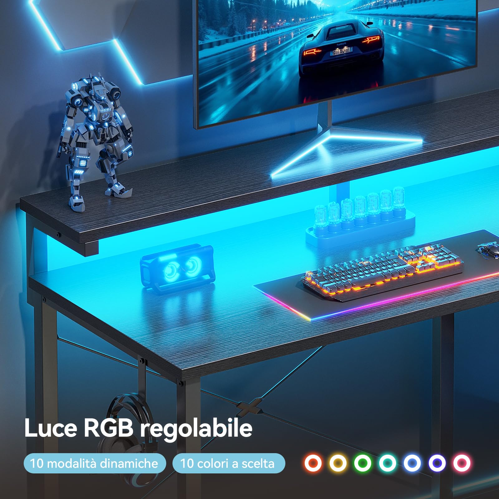 Coleshome Scrivania Gaming con LED, 100x48cm Scrivania con Cassetti, Reversibile Scrivania Piccola con Supporto Monitor e Gancio per Cuffie, Una Perfetta per Gli Spazi Ridotti, Nero