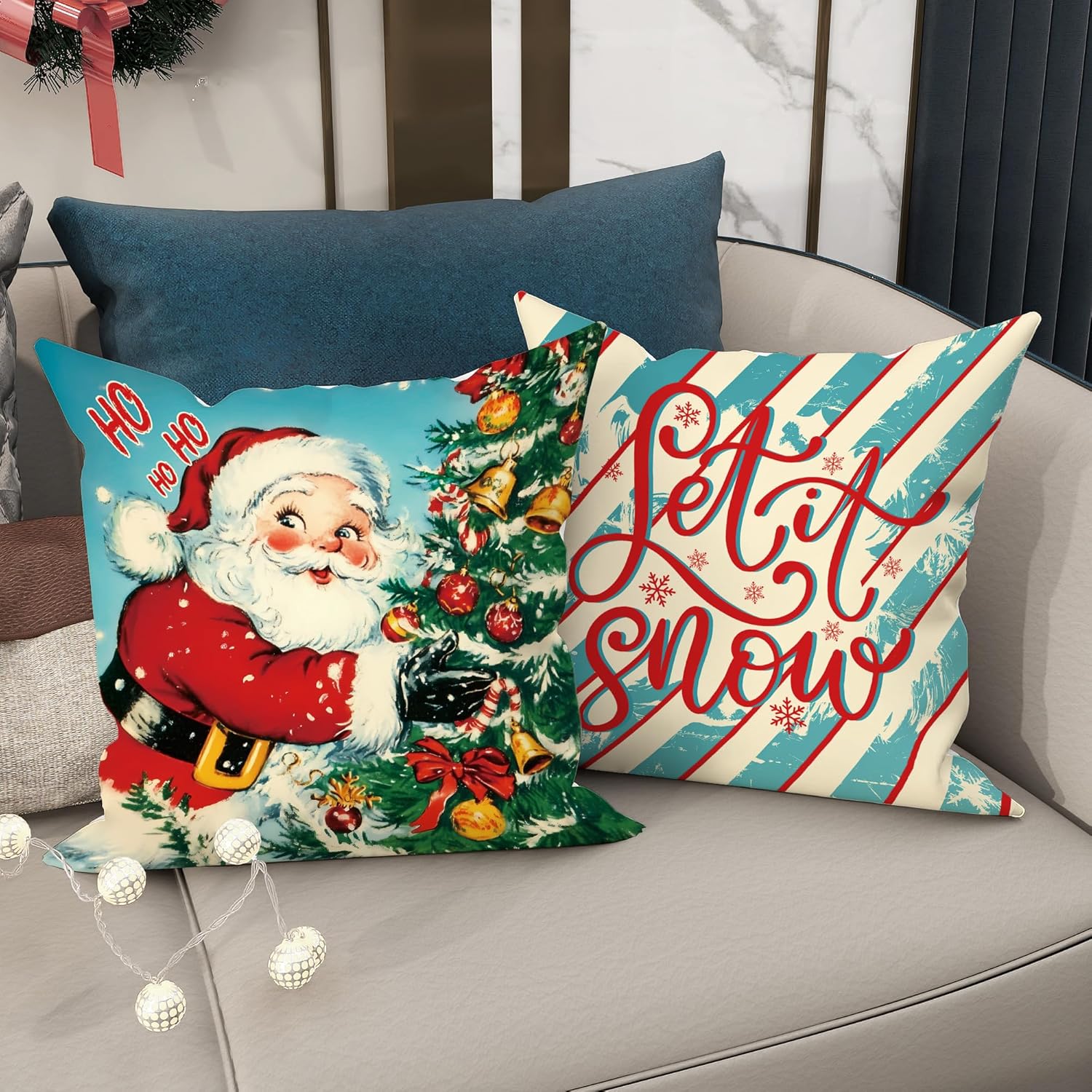 Christmas Pillow Covers Set of 4, Festive Red and Aqua Holiday Throw Pillow Cases, Fun Decorative Square Couch Covers for Home Sofa Bed Decor 20x20 Inch