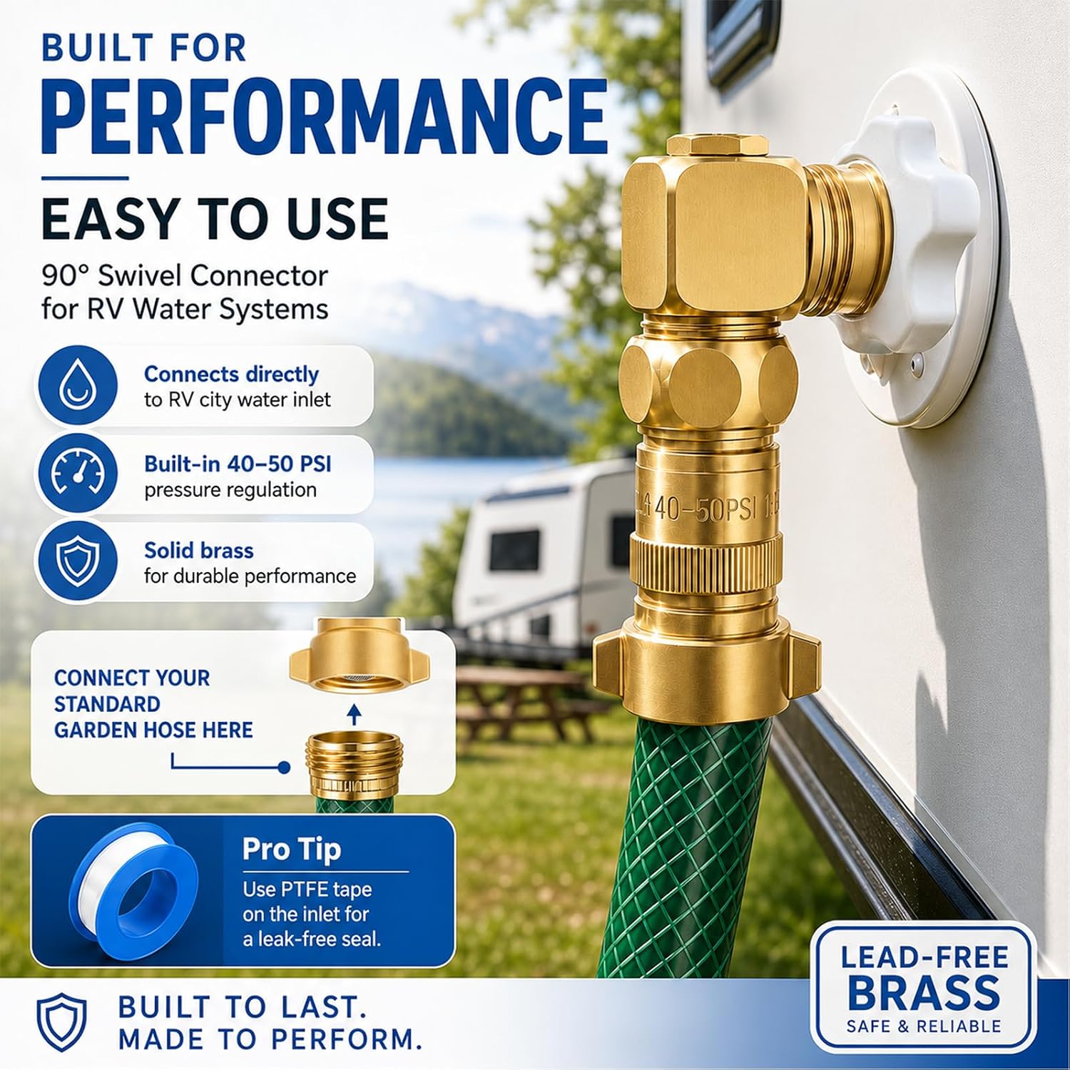 3-Piece RV Water Pressure Regulator Kit with 90° Swivel Elbow and PTFE Tape