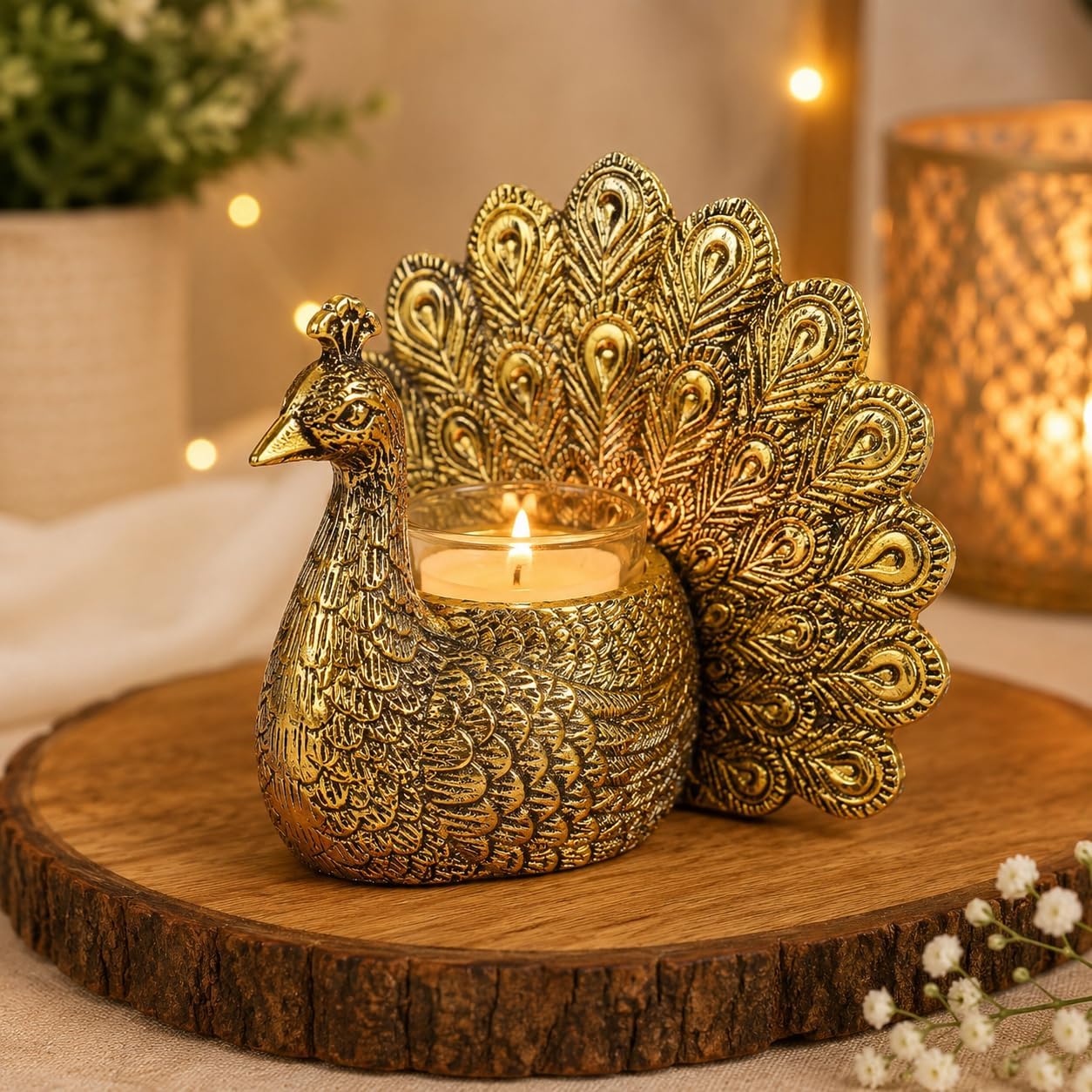 Metal Gold Dancing Peacock Figurine for Home Décor with Scented Glass Votive Candle | Romantic Gift for Women | Good Luck & Love Symbol