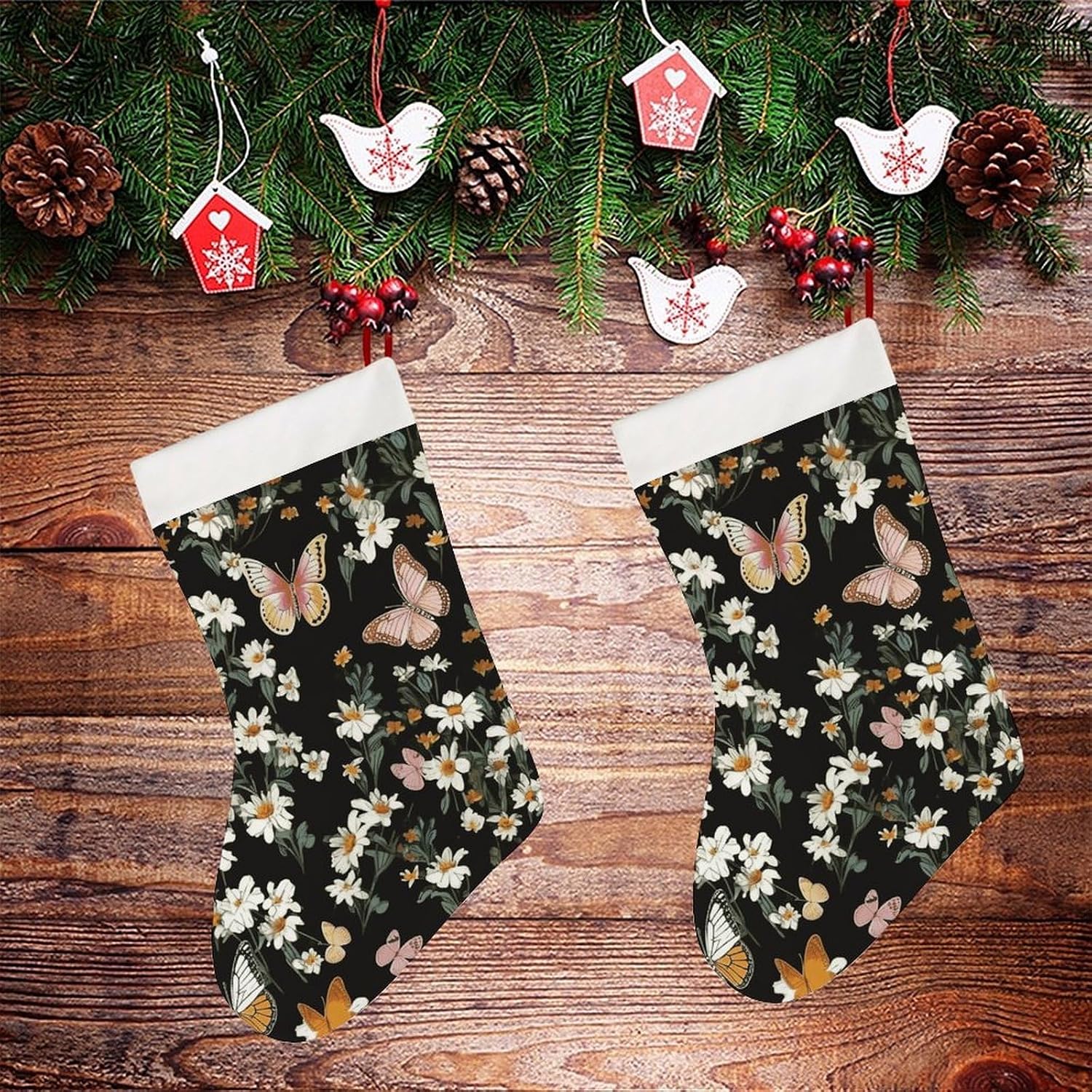 Christmas Stockings - Various Butterflies and Daisies Large Xmas Socks, Soft Plush Fireplace Stocking with Hanging Loop, Santa Holiday Decor for Family Party Christmas Tree Decorations