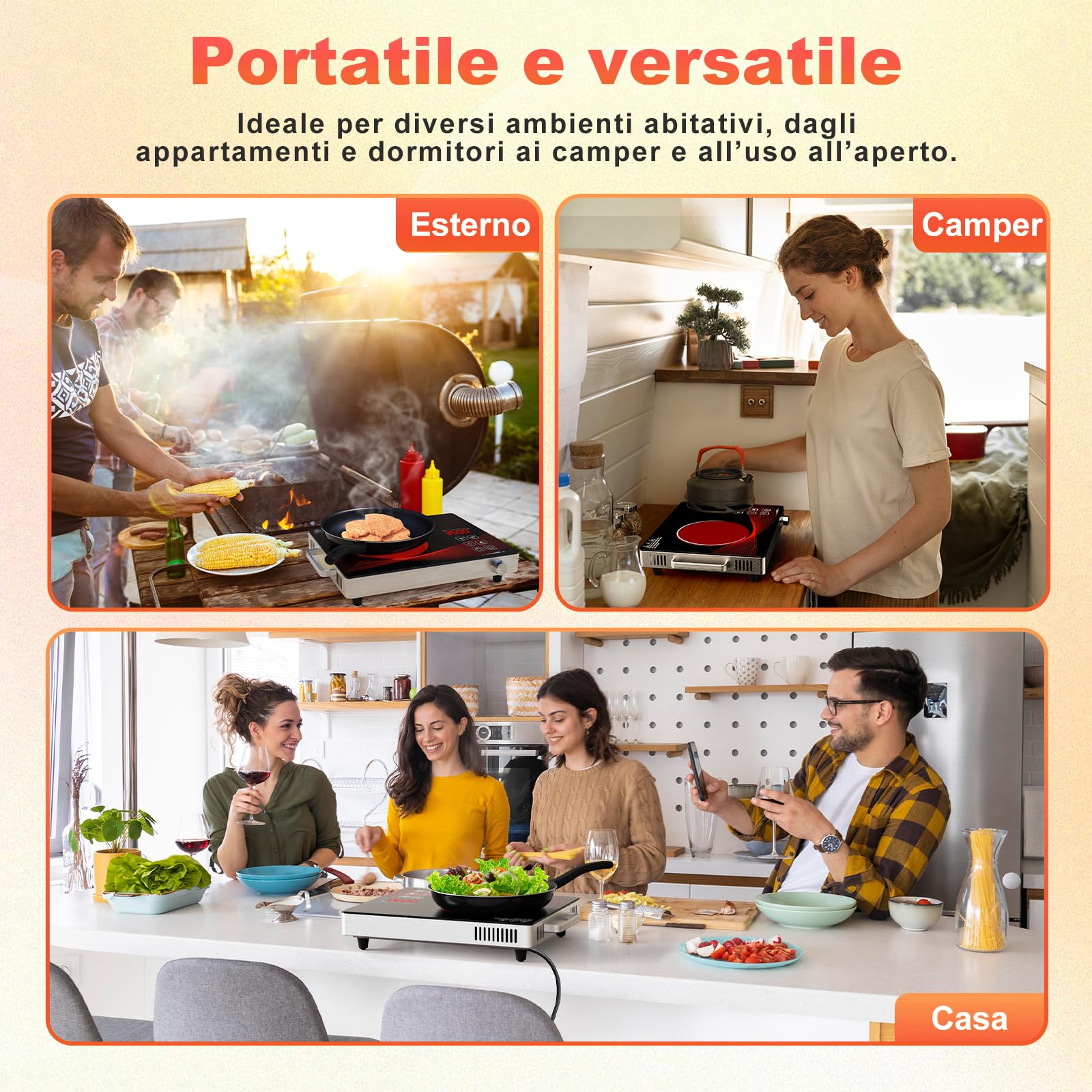 Alemania Piastra Elettrica 1 Fuoco 2200W, Piastra Vetroceramica Portatile a Infrarossi con Vetro Nero, Piastra di Cottura da Tavolo con 18 Livelli di Potenza e Temperatura, Timer
