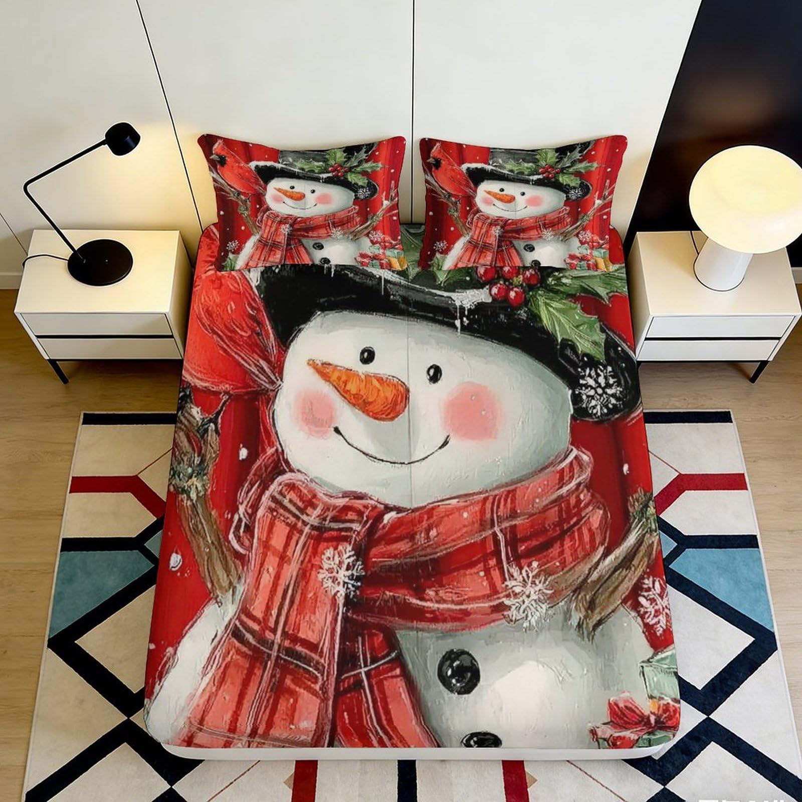 Dhbaneiok Style-2 3D Printed Snowman Christmas Fitted Sheet Microfiber Red Winter Holiday Bed Cover For Bedroom Guestroom Decor 90X200x25cm