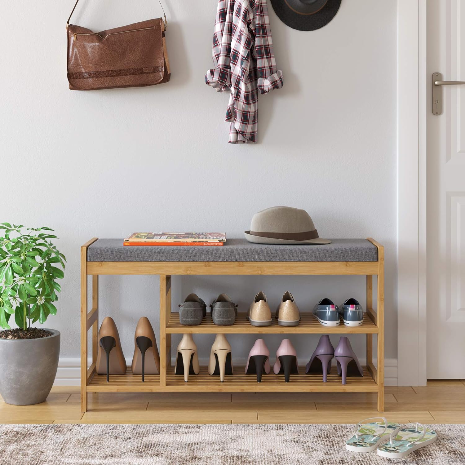 HOMECHO Shoe Rack Bench - (36" Lx11.4 W), Bamboo Entryway Bench, Modern 3 Tier Shoe Rack with Storage and Foam Pad Seat for Hallway Living Room Bedroom Corridor, Dark Brown: Kitchen & Dining