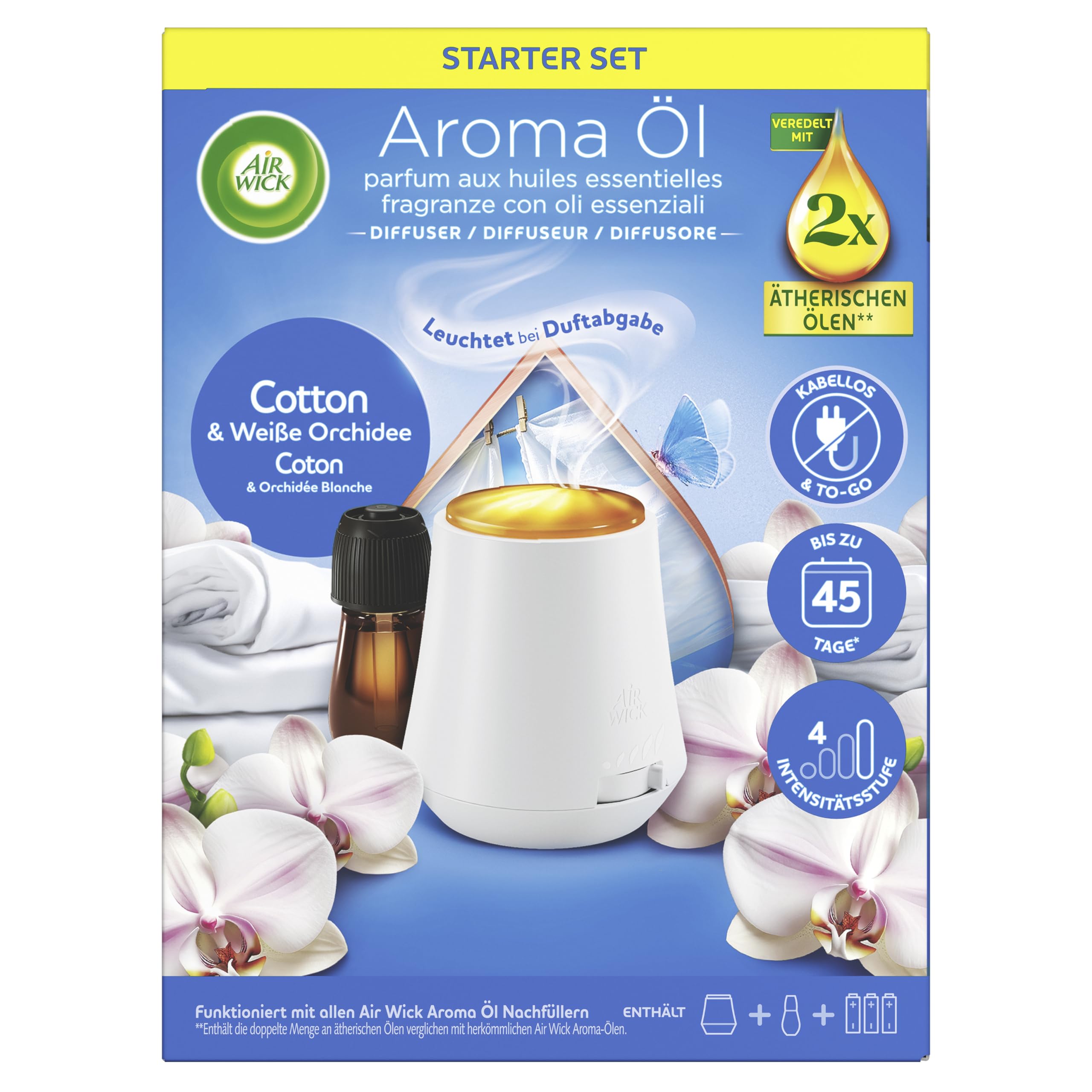 Air Wick Aroma-Öl Diffuser Starter-Set – 4 Sets mit je 1 elektrischem Gerät und 1x20ml Duftöl Nachfüllflakon Cotton & Weiße Orchidee für Raumbeduftung und Wohlfühlatmosphäre