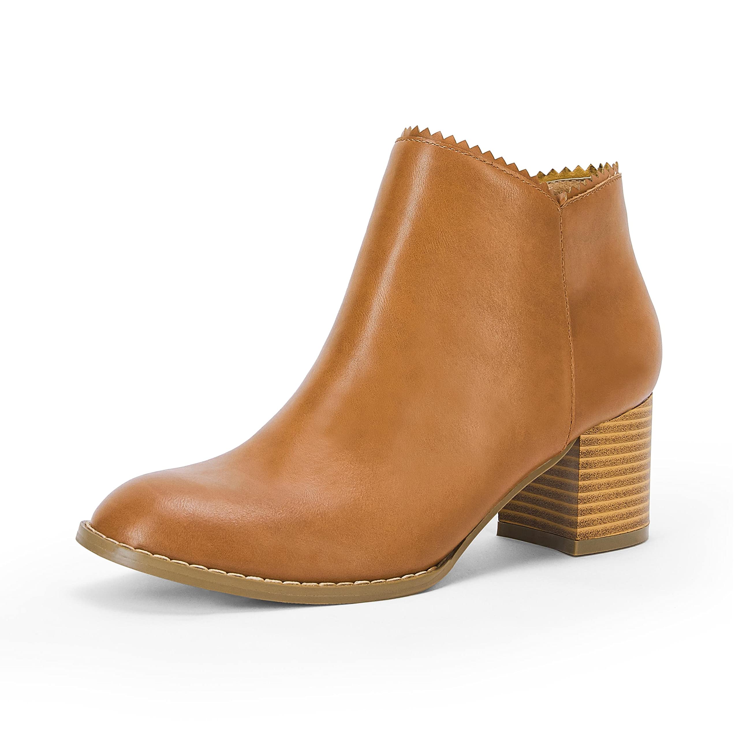 Photo 1 of Womens Ankle Boots Cut Out Stacked Block Heel Pointed Toe Side Zipper Vegan Leather Dress Western Booties, Size 6.5 Brown