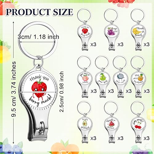 Miniatura 2 de Roshtia 30 piezas de cortaúñas de frutas, abrebotellas, llaveros, lindo cortador de uñas de acero inoxidable con citas motivacionales, kit de