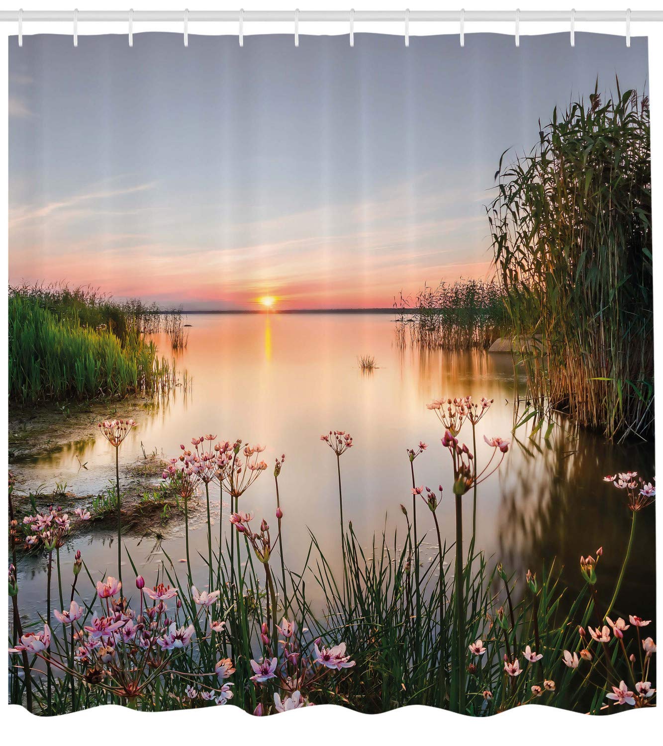 ABAKUHAUS Nature Shower Curtain, Sunset at Chudskoy Lake, Cloth Fabric Bathroom Decor Set including Hooks, 94 Inches - Image 2