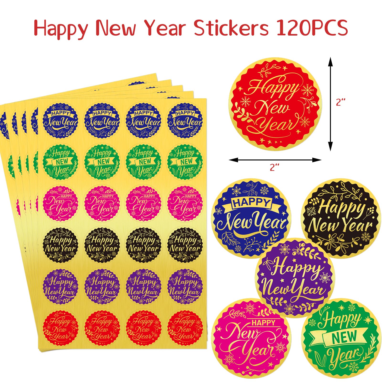 6 Stickers rond 40 mm happy New Year zwart/goudfolie - Kaarten en Kadootjes