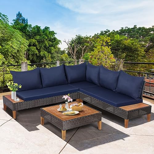 Miniatura 4 de Tangkula Patiojoy Juego de 4 piezas de madera de acacia para patio, sofá seccional de ratán de polietileno para exteriores con mesa auxiliar, sofá