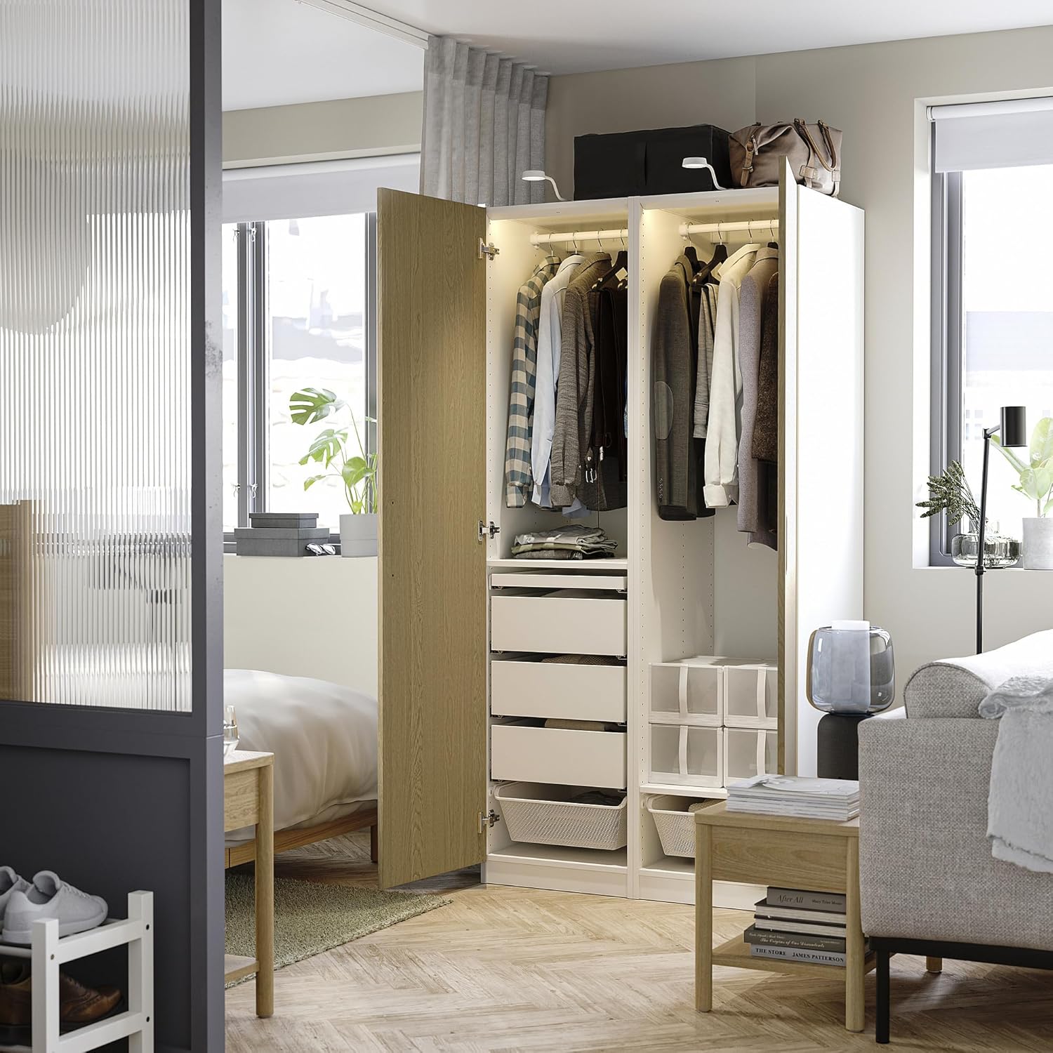 PAX/TONSTAD Wardrobe combination, white/oak veneer, 100x60x201 cm