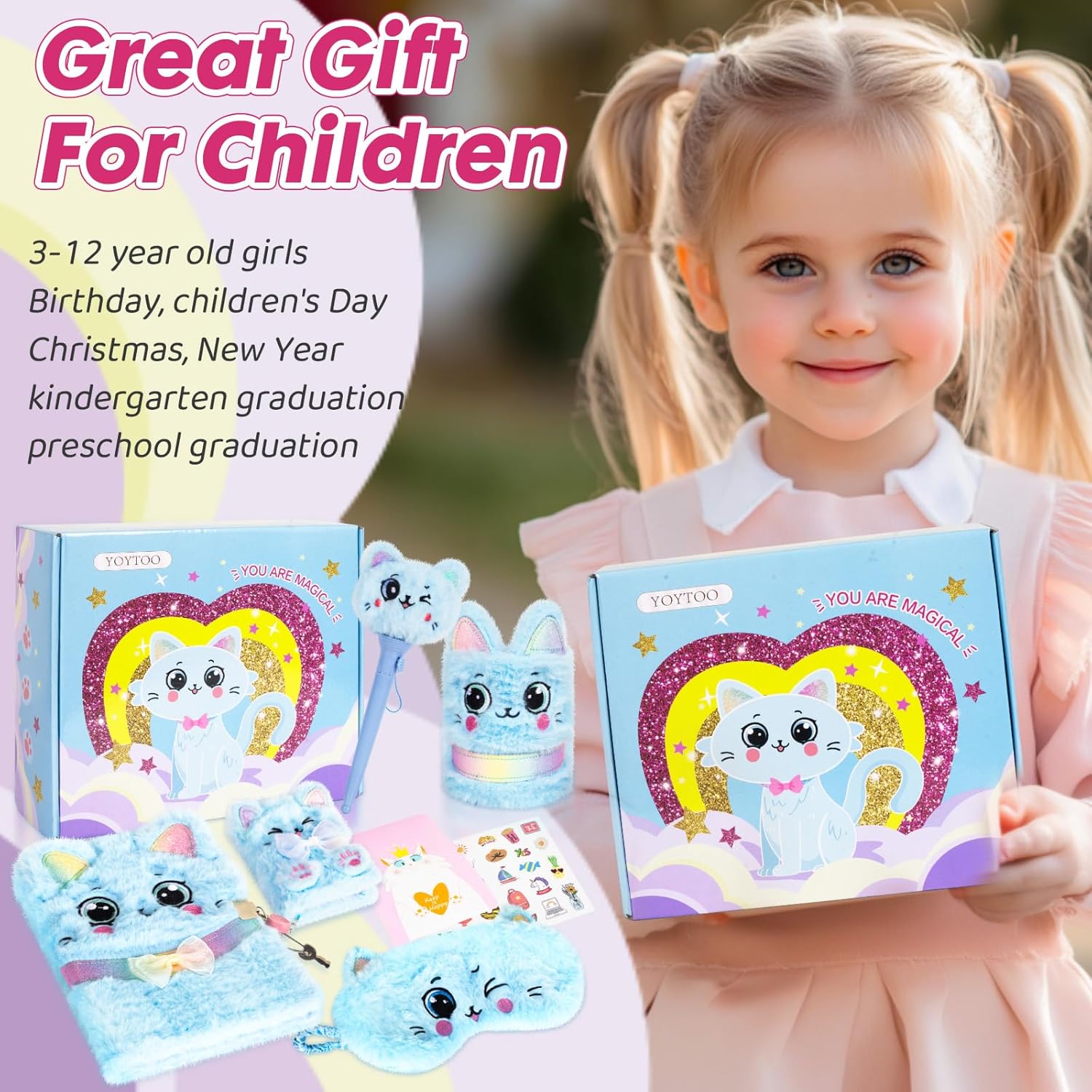 Cat Gifts for Girls, Kids Cat Plush Toys with Secret Diary, Ballpoint Pen, Eye Mask, Pen Holder, Stickers, Birthday Gifts for Little Girls Age 5 6 7 8 9 10-12 Years Old - Image 2