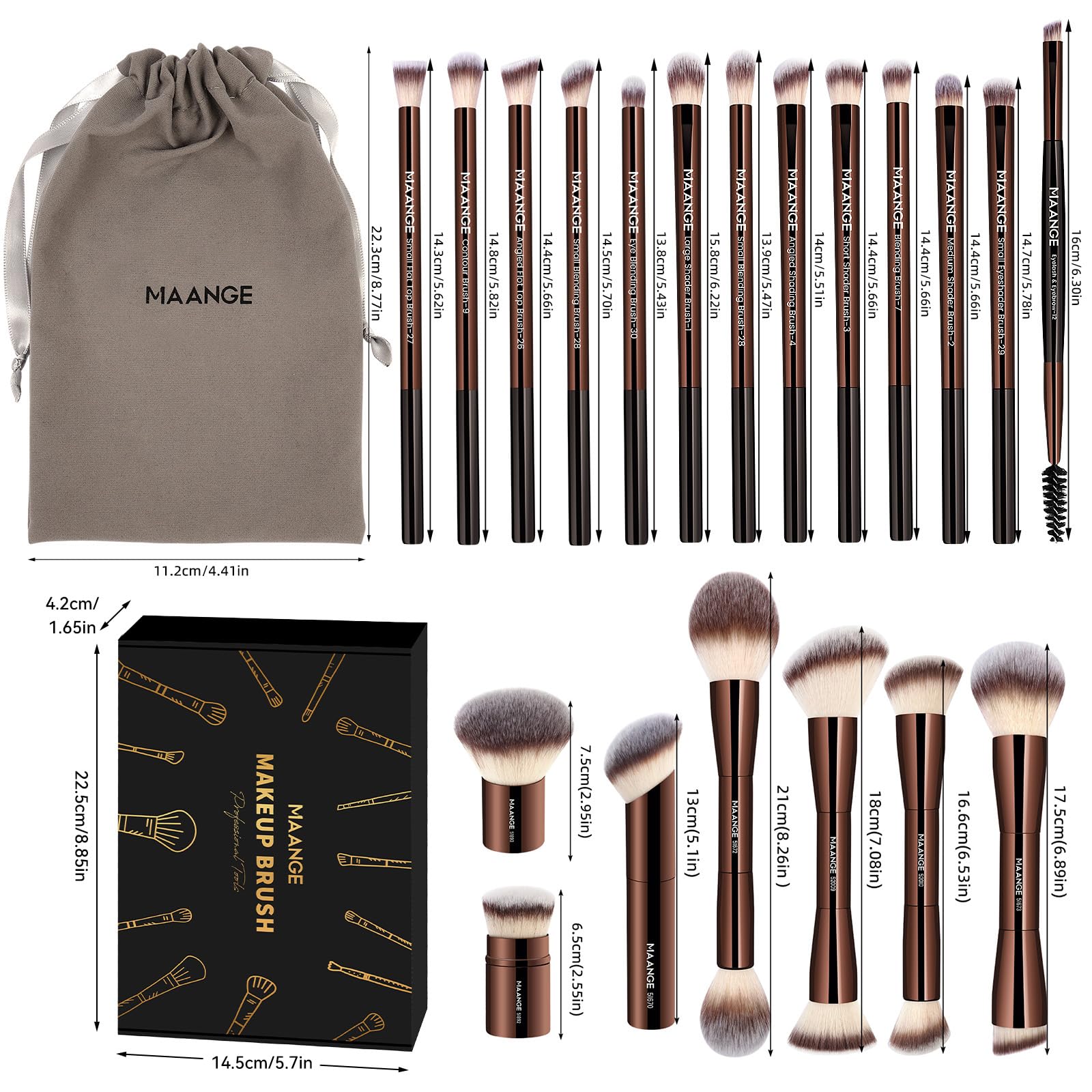 MAANGE Set di 20 pennelli per fondotinta, kabuki, a doppia estremità, pennelli per contouring, cipria, correttore, crema, cosmetici, miscelazione, fard, lucidatura, strumenti per il trucco del viso