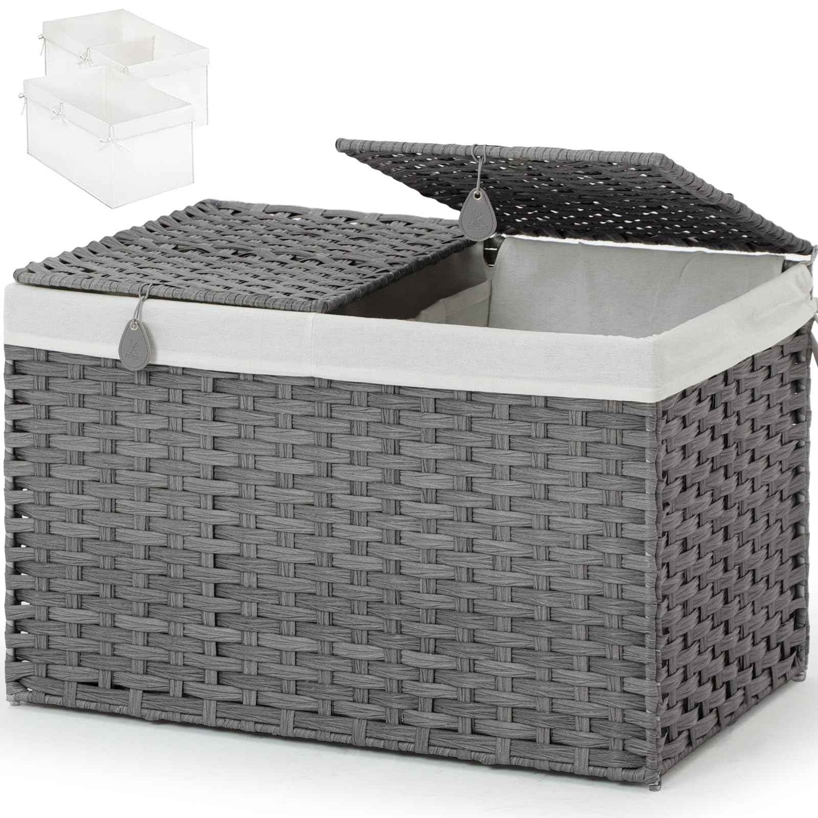Storage Basket with 2 separate Lid,160L Handwoven Rattan Shelf Basket with Cotton Liner and handles;Storage Box Basket for Bedroom,Laundry Room ;29.9 * 17.3 * 18.1 Inches(Gray)