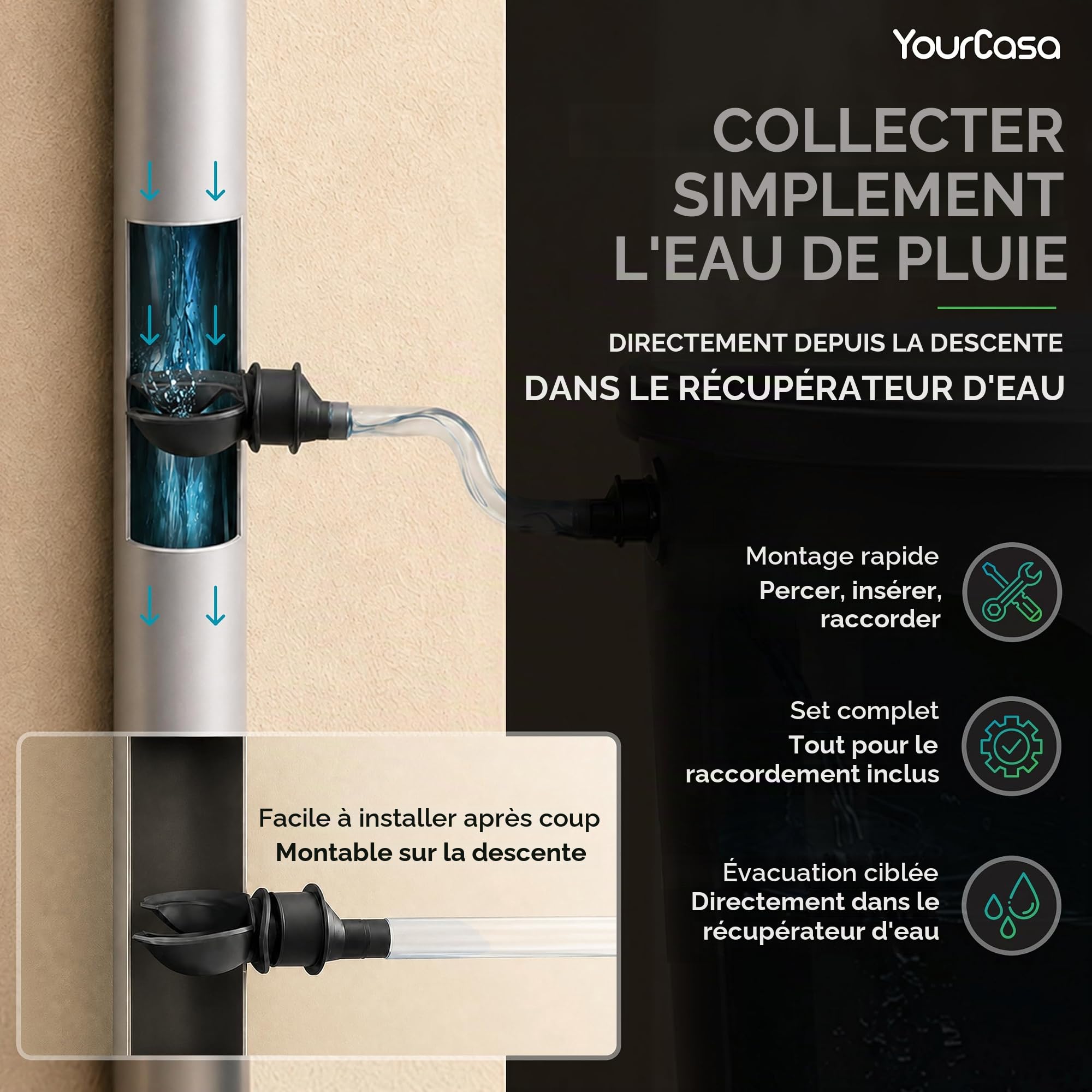 YourCasa® Collecteur de pluie - recuperateur d eau de pluie pour goutiere - recuperateur eau de pluie - Y compris filtre et accessoire de forage - Récupérateur Eau de Pluie - Réservoir d'eau de Jardin