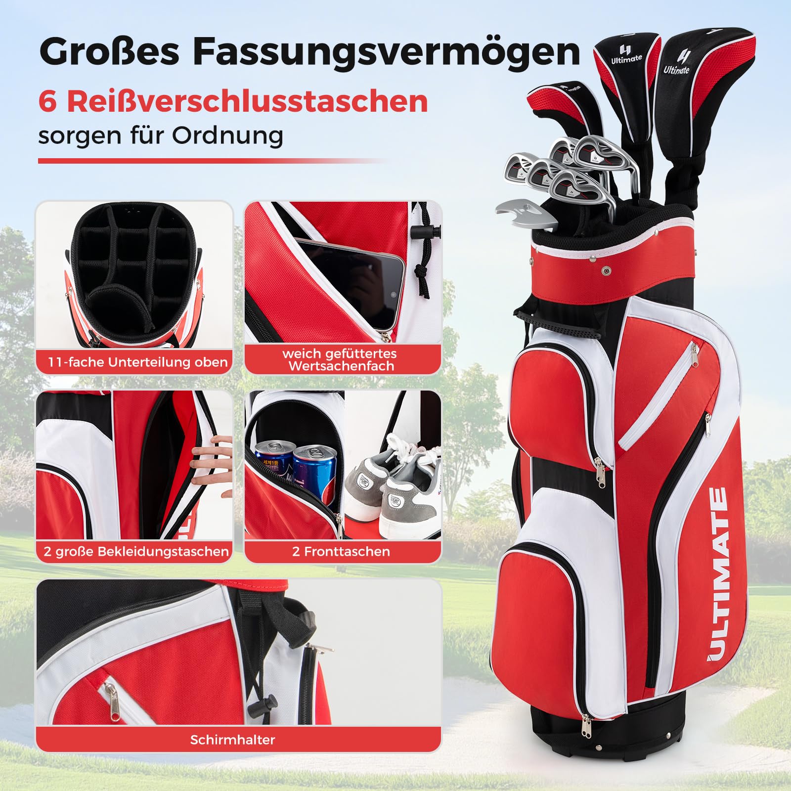 COSTWAY Kompletny zestaw kijów golfowych dla kobiet praworęcznych, zestaw kijów golfowych z 460 CC 1 Driver, 3 Fairway, 4 hybrydowe, 6/7/8/9/P, putter, 3 kapturki na rakiety i torba do przenoszenia