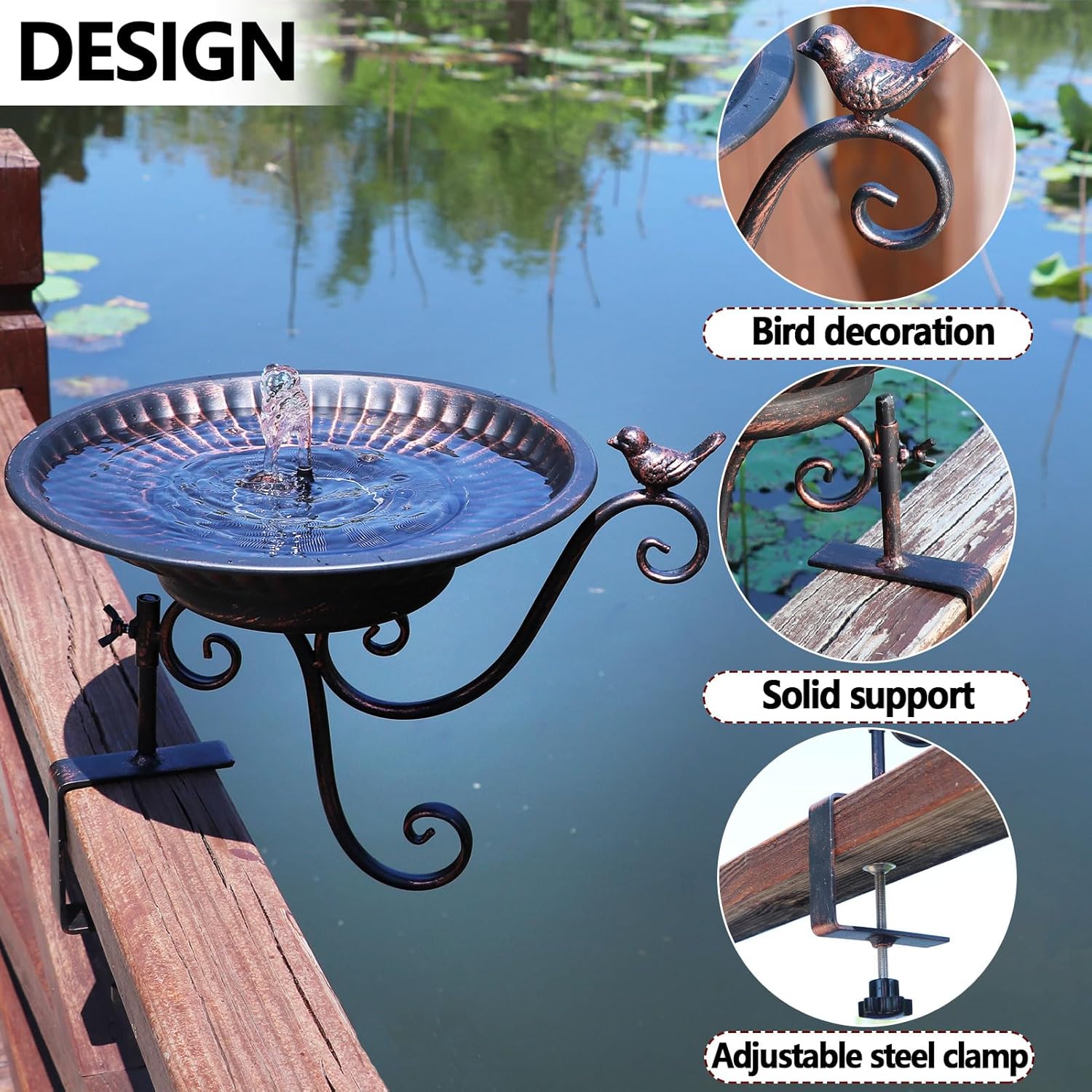 Solar Bird Bath,Deck Bird Bath with Solar Fountain,Metal Bird Bath Bubbler,Deck Mounted Bird Bath,Adjustable Sturdy Balcony Bird Bath,Patio Garden Decor（Bronze）