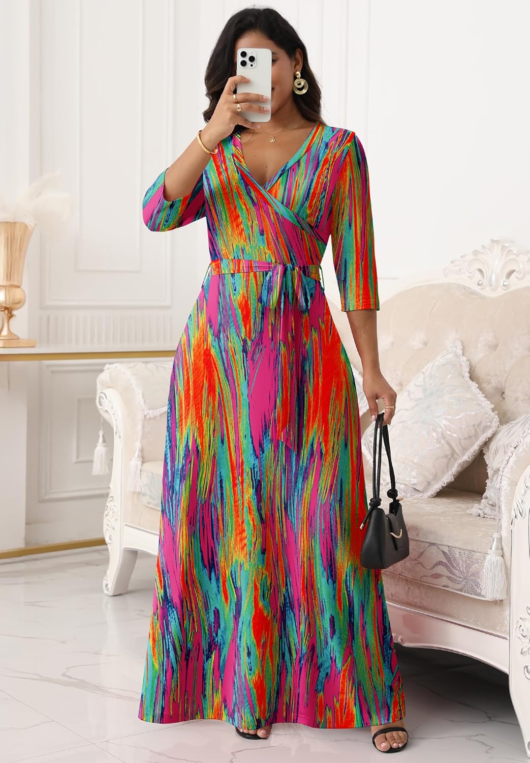 FANDEE Women Print Maxi Dress V Neck 3/4 Sleeve for Women Casual Tie Waist Belted Dresses - Image 3