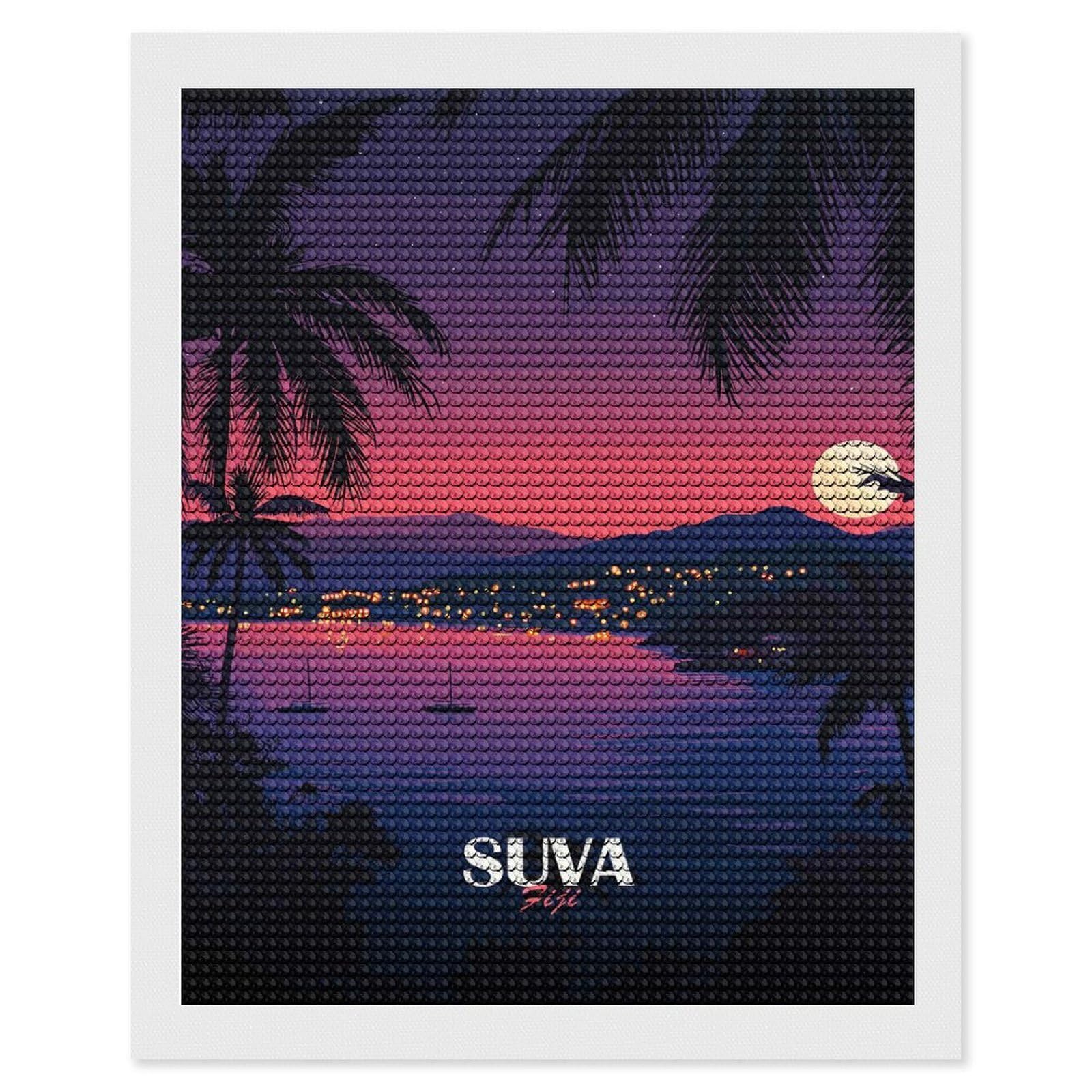 Junmoney SUVA Fiji Tropical Nightscape Illustration Diamond Painting Kit 16"x20", Adhesive Canvas, Home Wall Decor, for Beginners, Birthday Gift, Full Kit Included