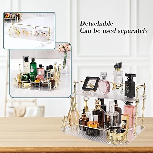 Miniatura 3 de DalimFun Organizador de baño de 2 niveles, organizador de mostrador de perfumes, estantes de almacenamiento, bandeja de tocador desmontable (blanco)