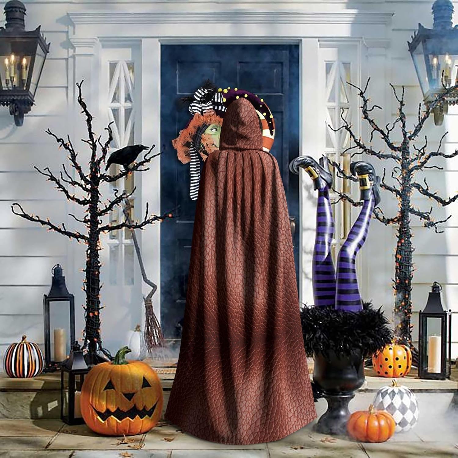 brown cowhide print Hooded Robe Cloak Long Cape Cosplay Costume Halloween Witch Cosplay Robe for Men Women
