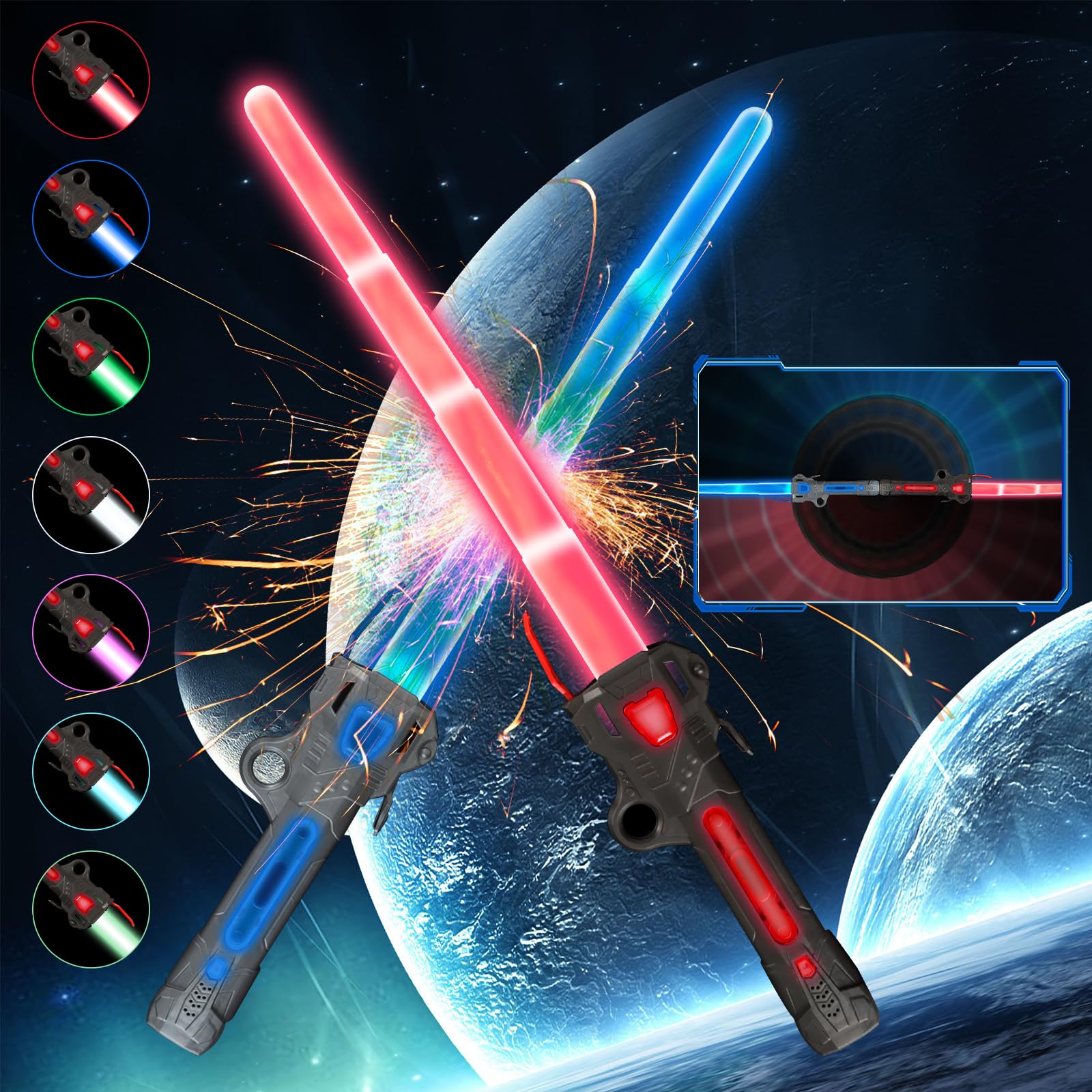 Espada Láser para Niños, 2 Piezas Sable de Luz, 15 Colores Sonido de Combate Simulado, 2 en 1 Lightsaber, Sable de luz Juguete,Lightsaber con Sonido por Cumpleaños Juguetes y Cosplay para Niños