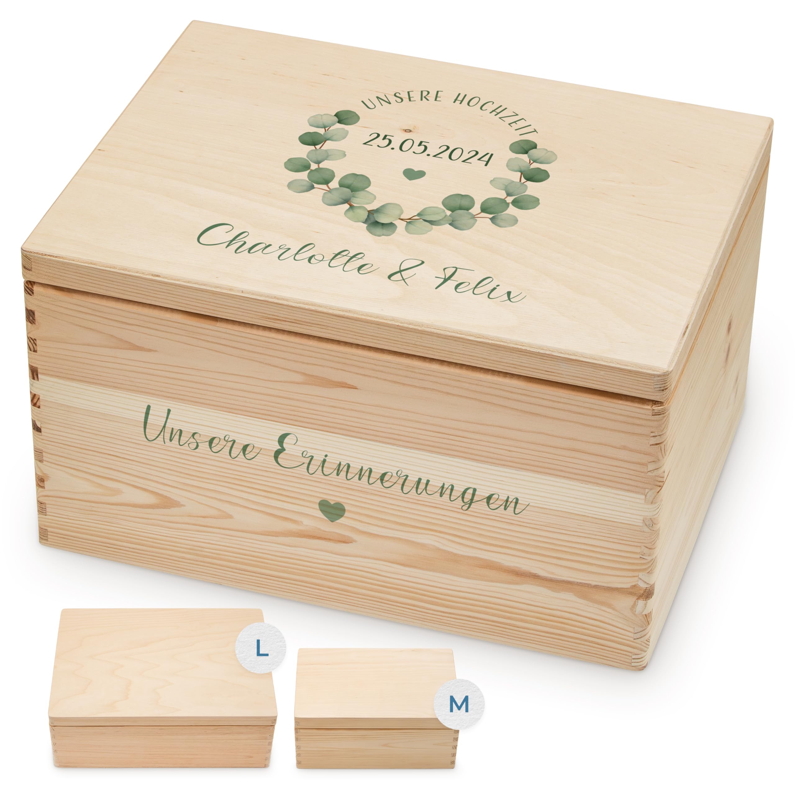 Amari ® Personalisierte Erinnerungsbox aus Holz | Eukalyptus XL ohne Griff - 40 x 30 x 23 cm | Individuelles Hochzeitsgeschenk Erinnerung Hochzeit