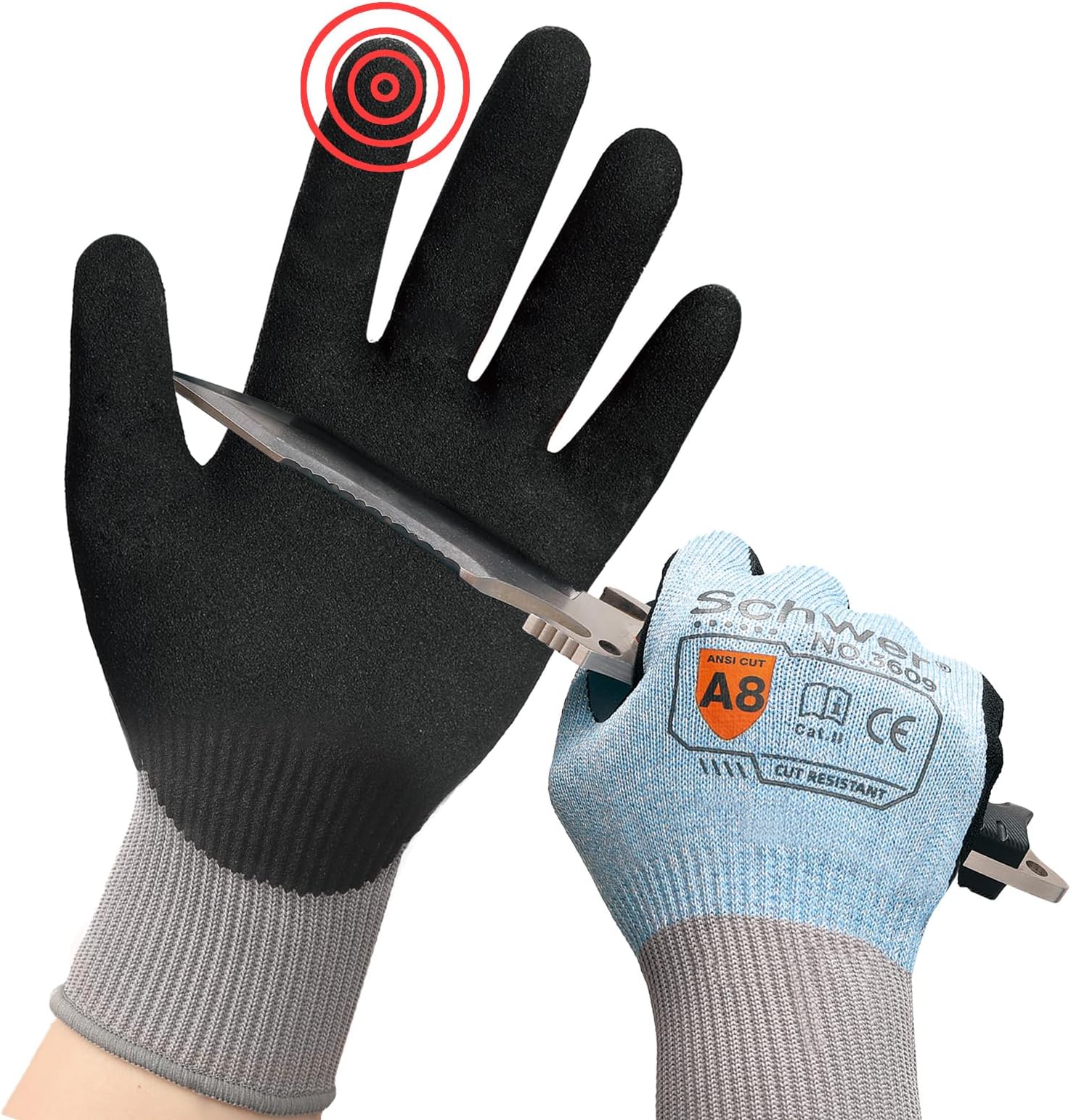 Schwer ANSI A8 Cut Resistant Gloves, Touchscreen, Cutting Gloves with Sandy Nitrile Coated Firm Grip, for Warehouse, Handle Glass, Carving, Gardening, Construction, Fishing, Wood Work（Blue,L）