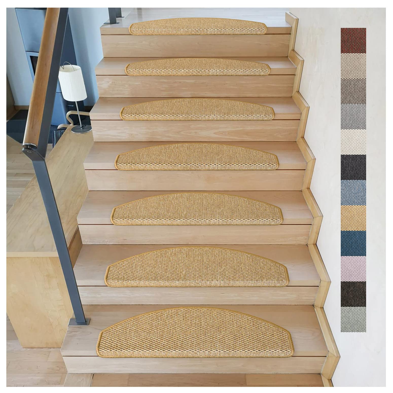 Metzker Stufenmatten Treppenteppich Göteborg 15 Stück Mais | Sisal-Optik in aktuellen Farben incl. Klebeband | Trittfläche Halbrund 65x24cm