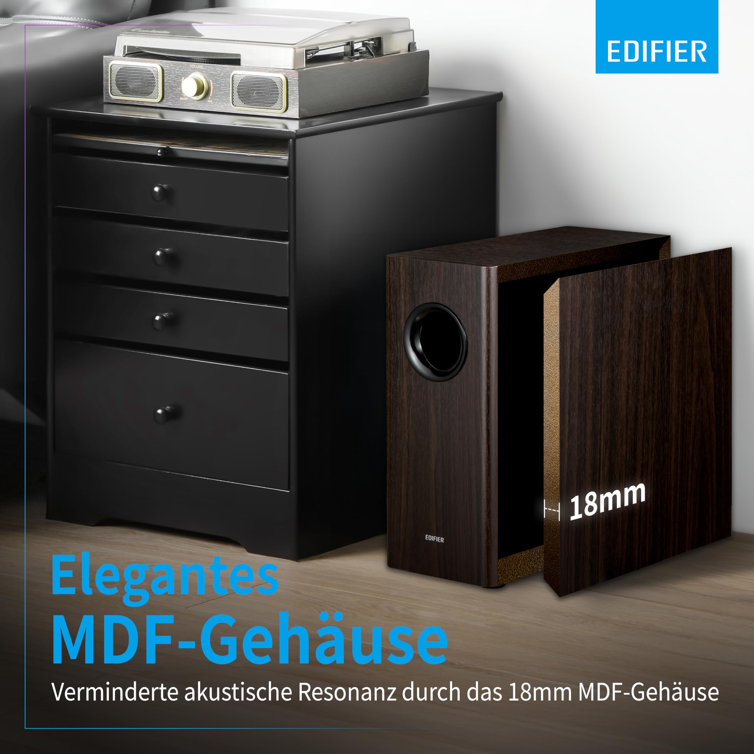 Edifier T5s AKTIV-SUBWOOFER – 8-Zoll-Tieftöner – 70 Watt – Low-Pass-Filter – Frequenz bis 35Hz – MDF-Gehäuse für reduzierte Resonanz – Standby – Cinch-Anschlüsse – Zeitloses Design