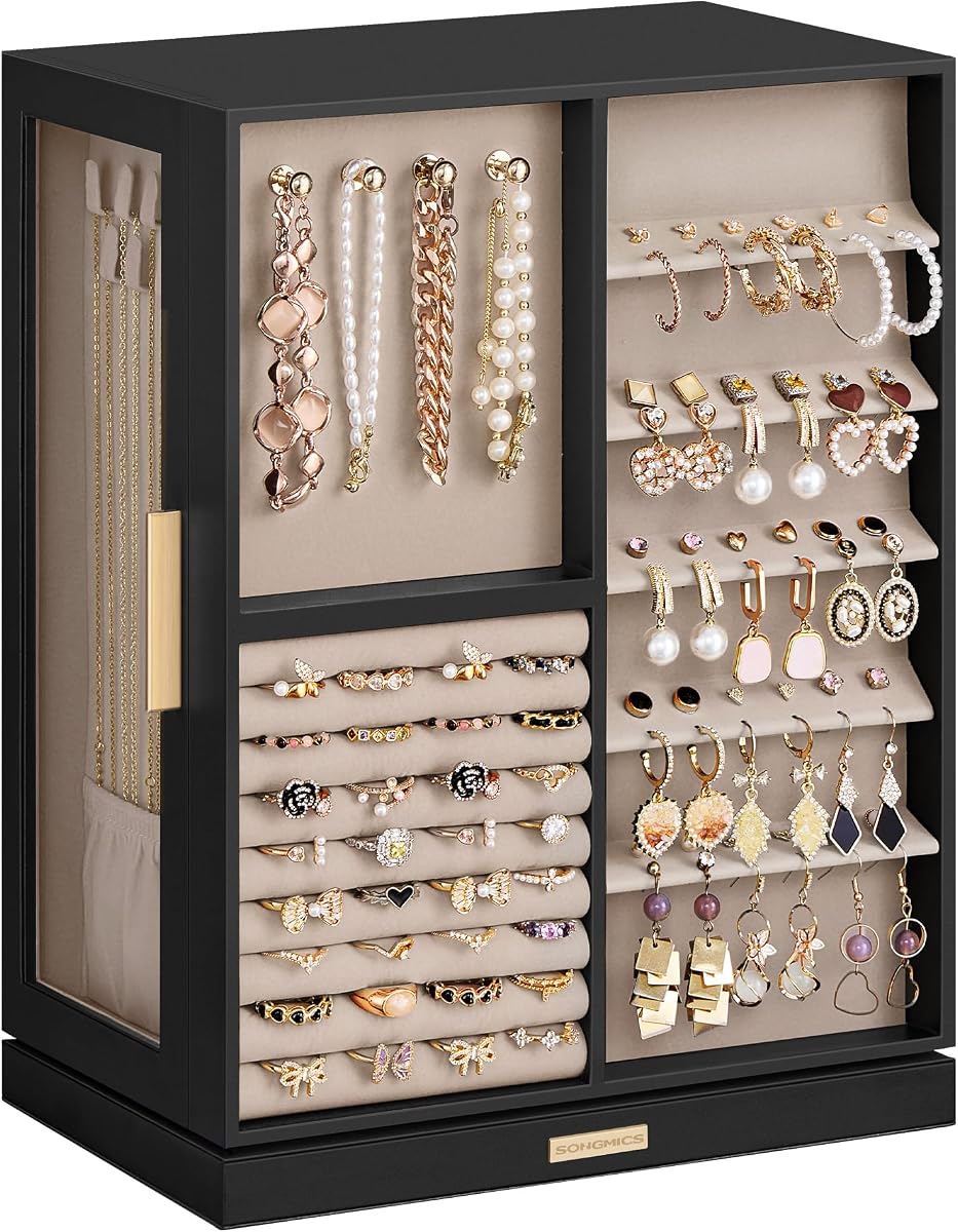 SONGMICS GISELLA Collection - Jewelry Box 360° Rotating, Jewelry Storage Case with 7 Drawers, Jewelry Organizer, Glass Window, Open Design, Great Gift, Ink Black UJBC201B01